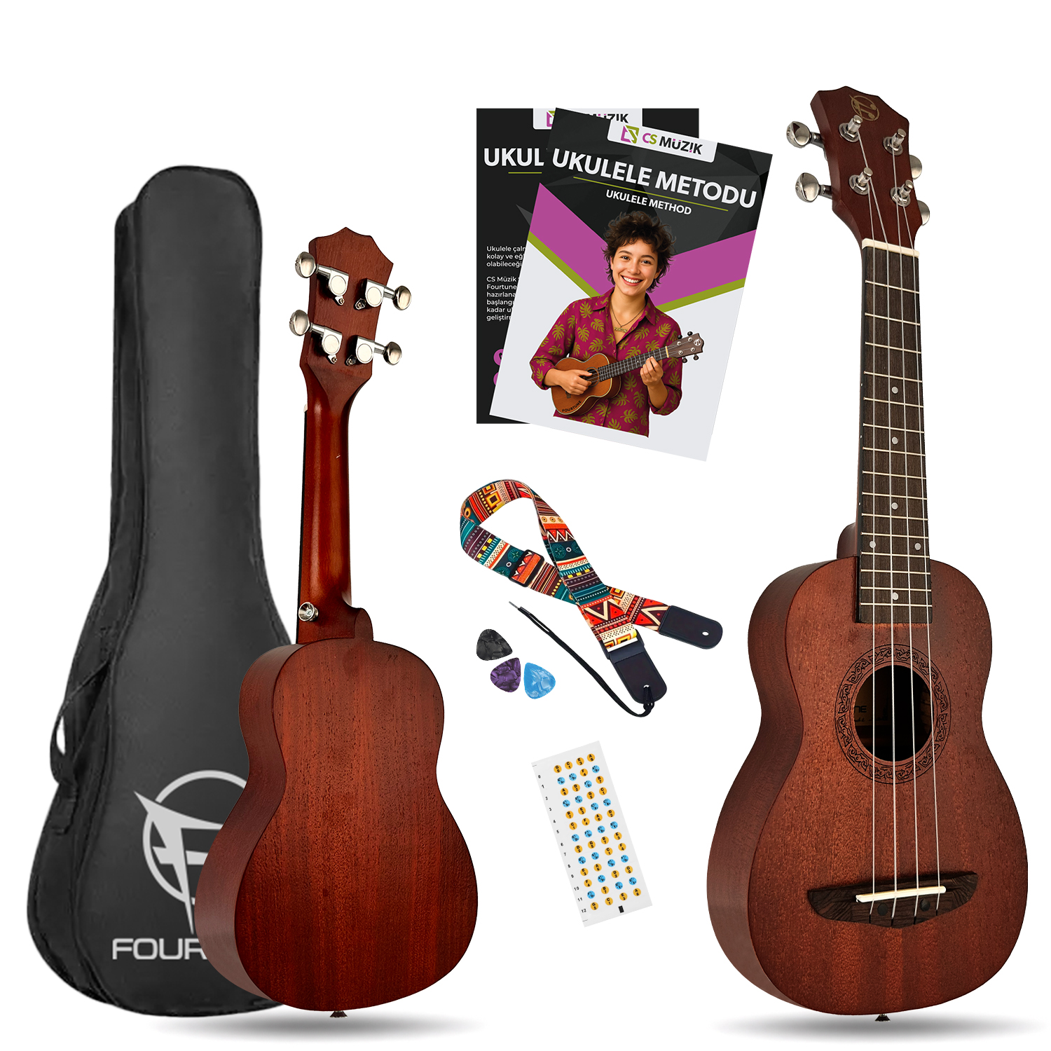 İki ukulele, siyah kılıf, askı, pena ve metod kitapları beyaz zeminde.