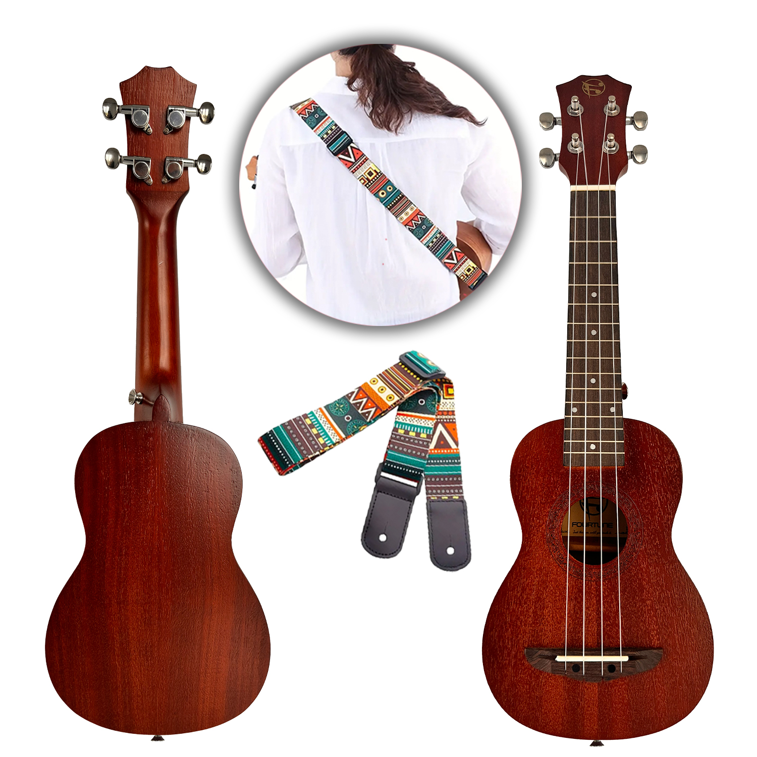 Beyaz arka plan üzerinde renkli askılı kahverengi ukulele.