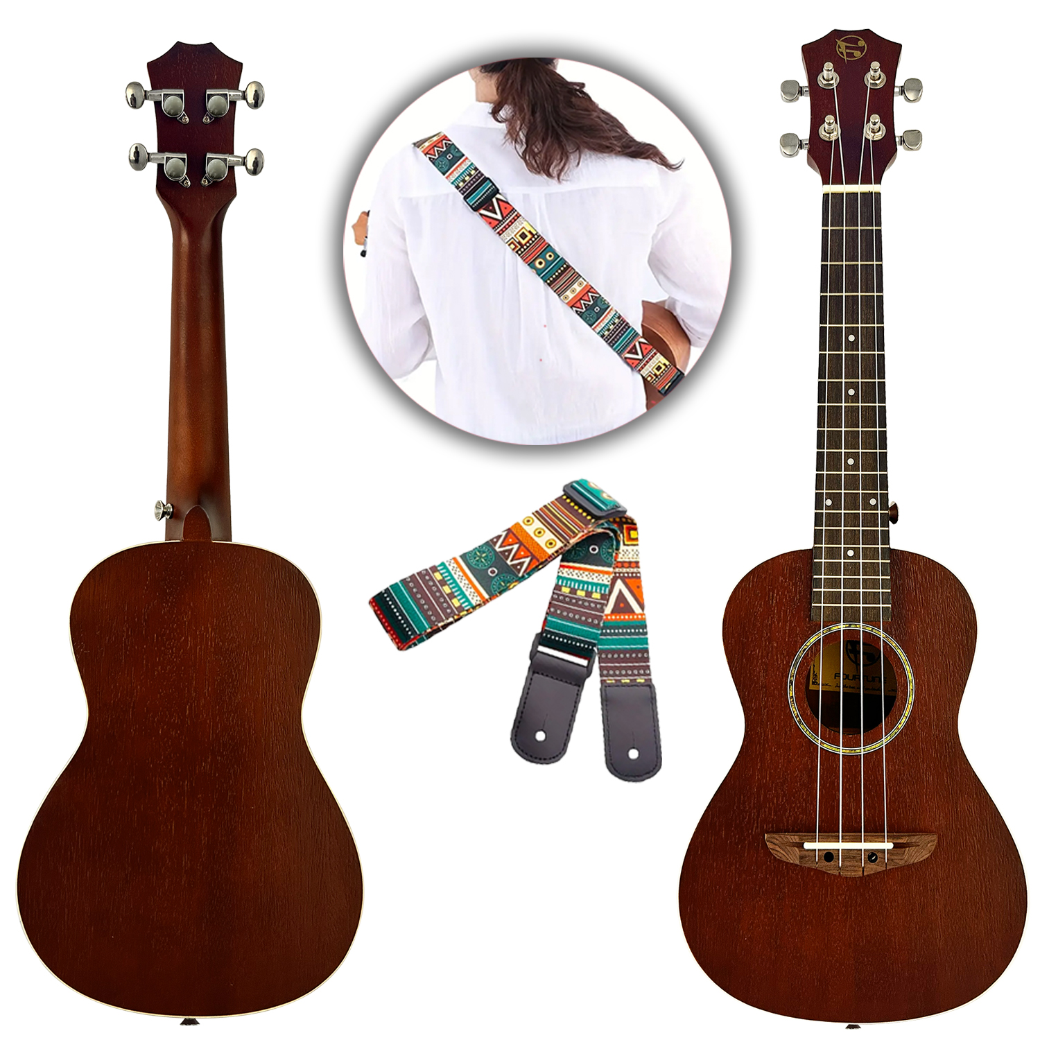 Geometrik desenli renkli askılı kahverengi ukulele üç görünümü.