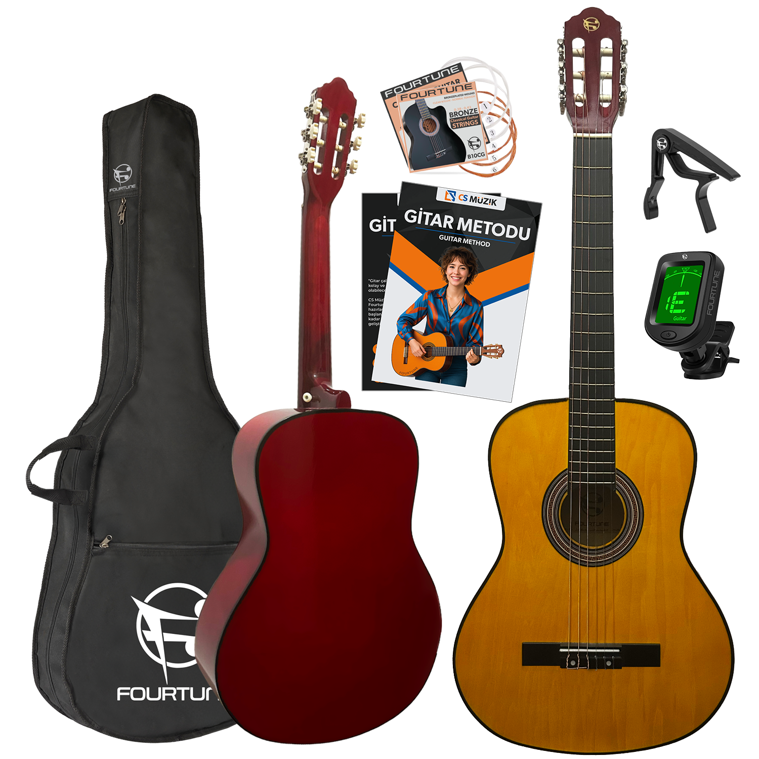 İki gitar, biri kırmızı, biri doğal ahşap, siyah kılıf, tuner, capo, teller ve yöntem kitabı ile birlikte.