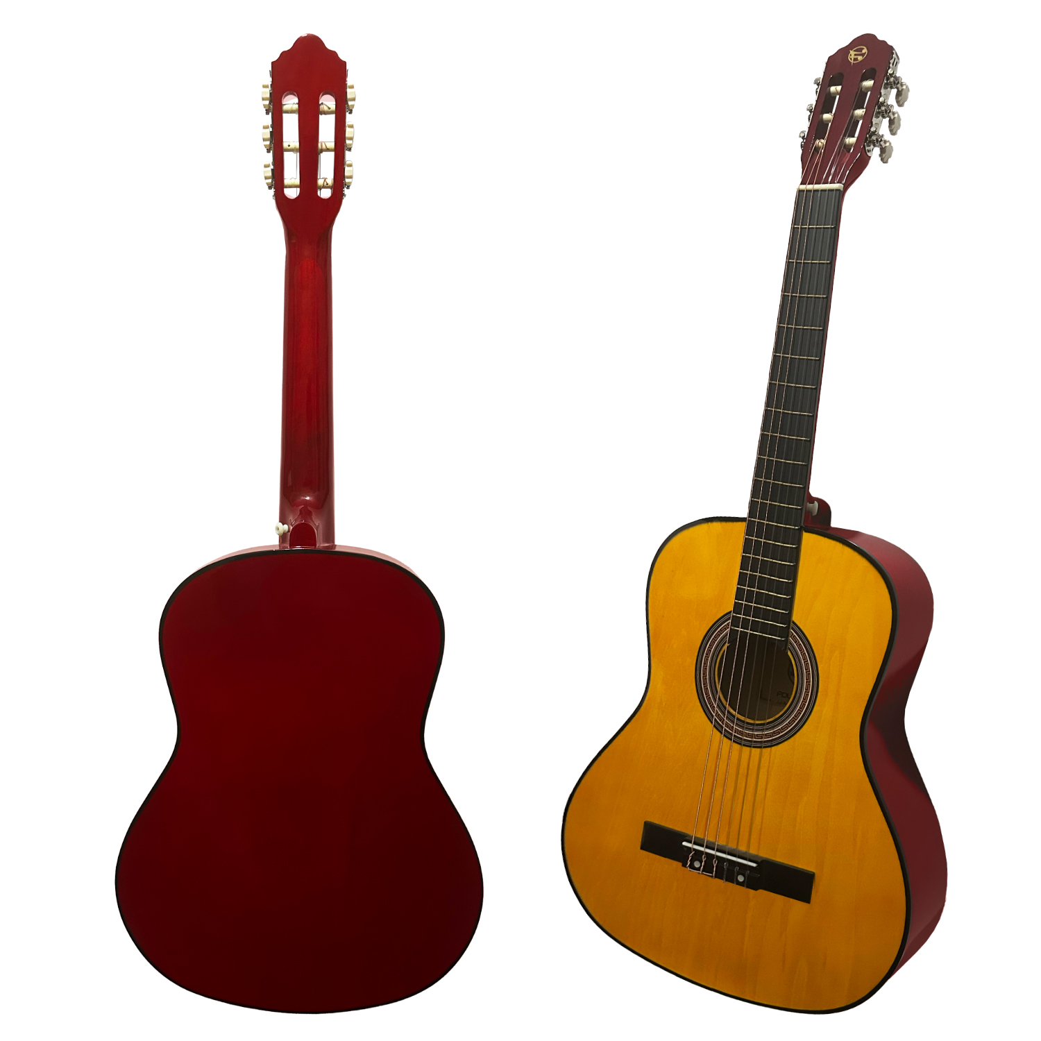 İki gitar. Biri kırmızı arka görünüm, diğeri telli sarı ön görünüm.