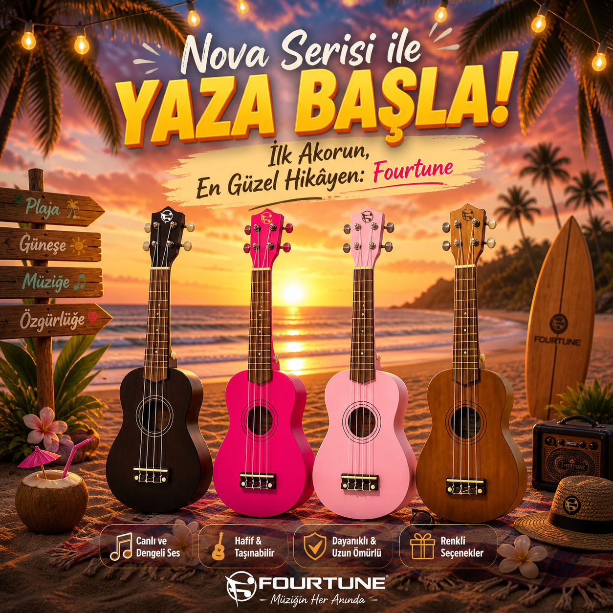 Dört ukulele gün batımında sahilde, palmiye ağaçları ve gitarlar var.