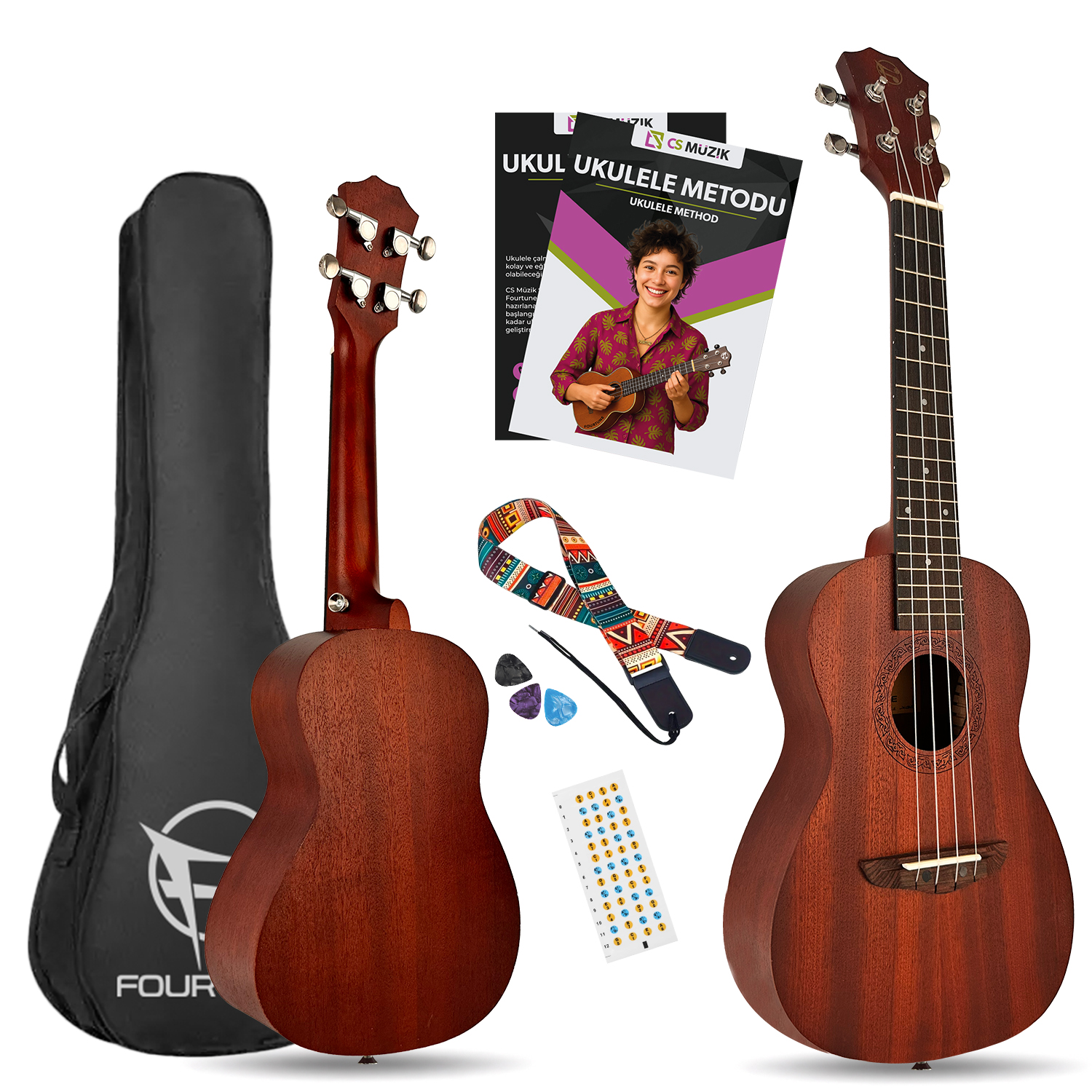 İki ukulele, bir çanta, bir yöntem kitabı ve aksesuarlar beyaz arka planda.