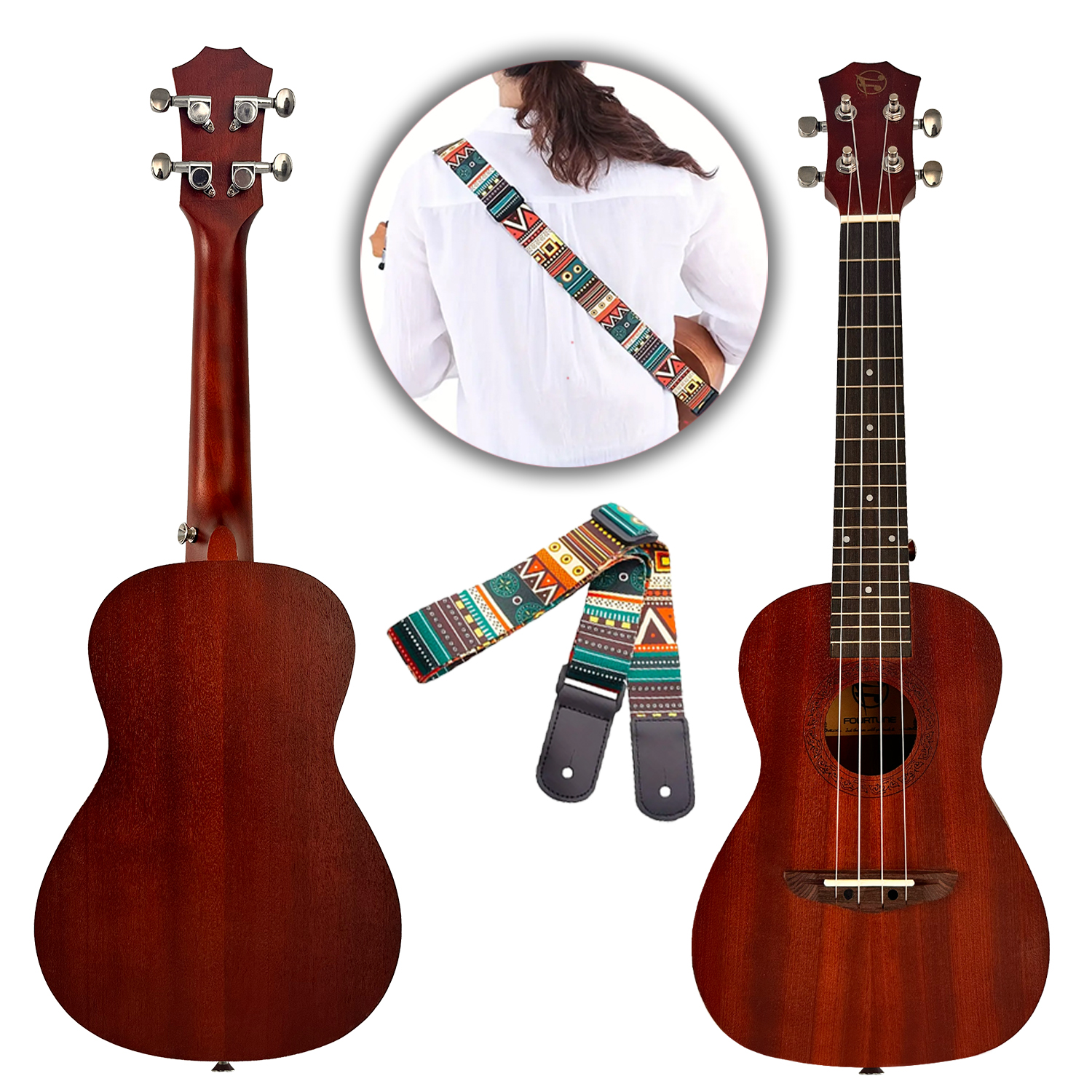 Omuzda renkli askısıyla kahverengi bir ukulele.