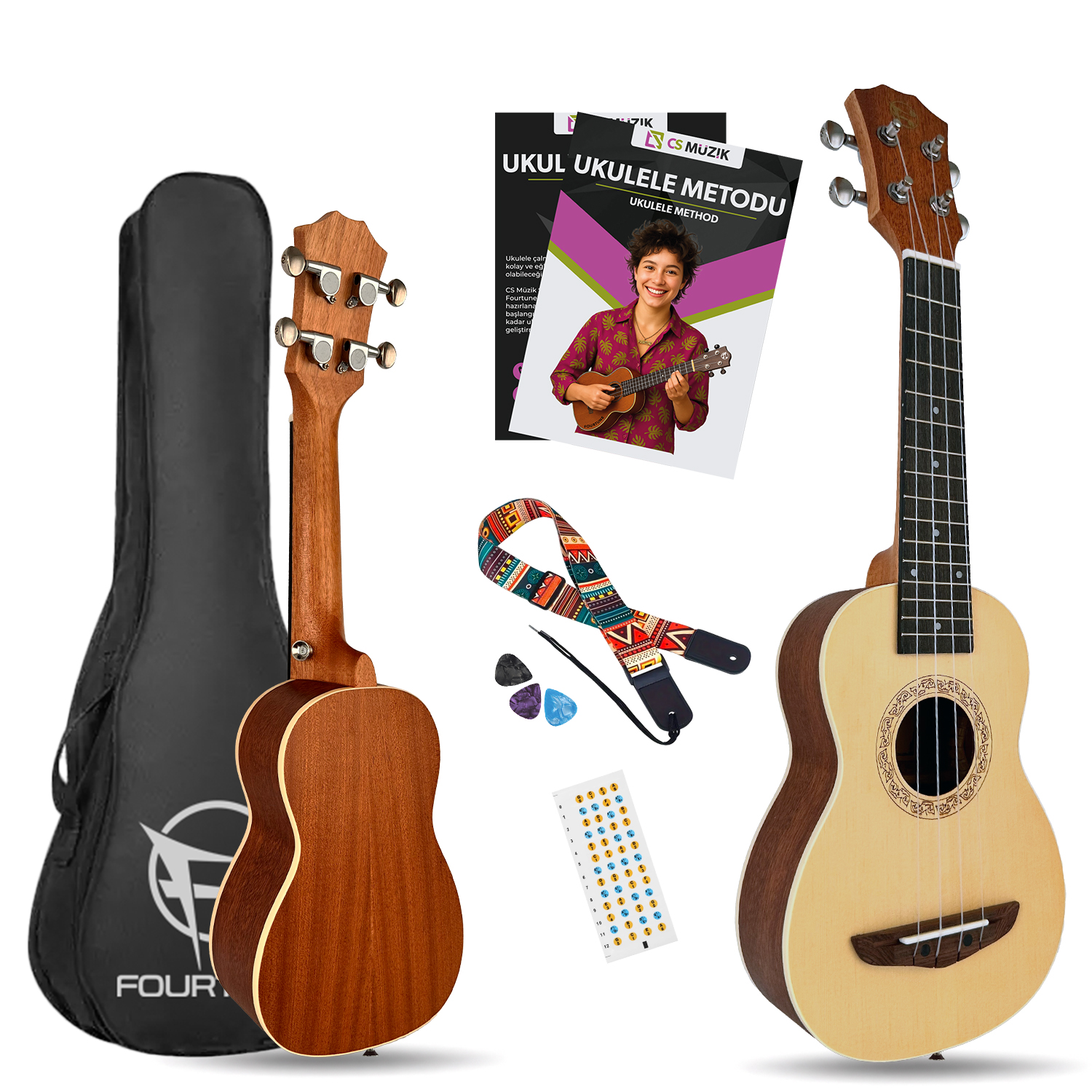 İki ukulele, siyah kılıf, kitap ve aksesuarlar beyaz arka planda.