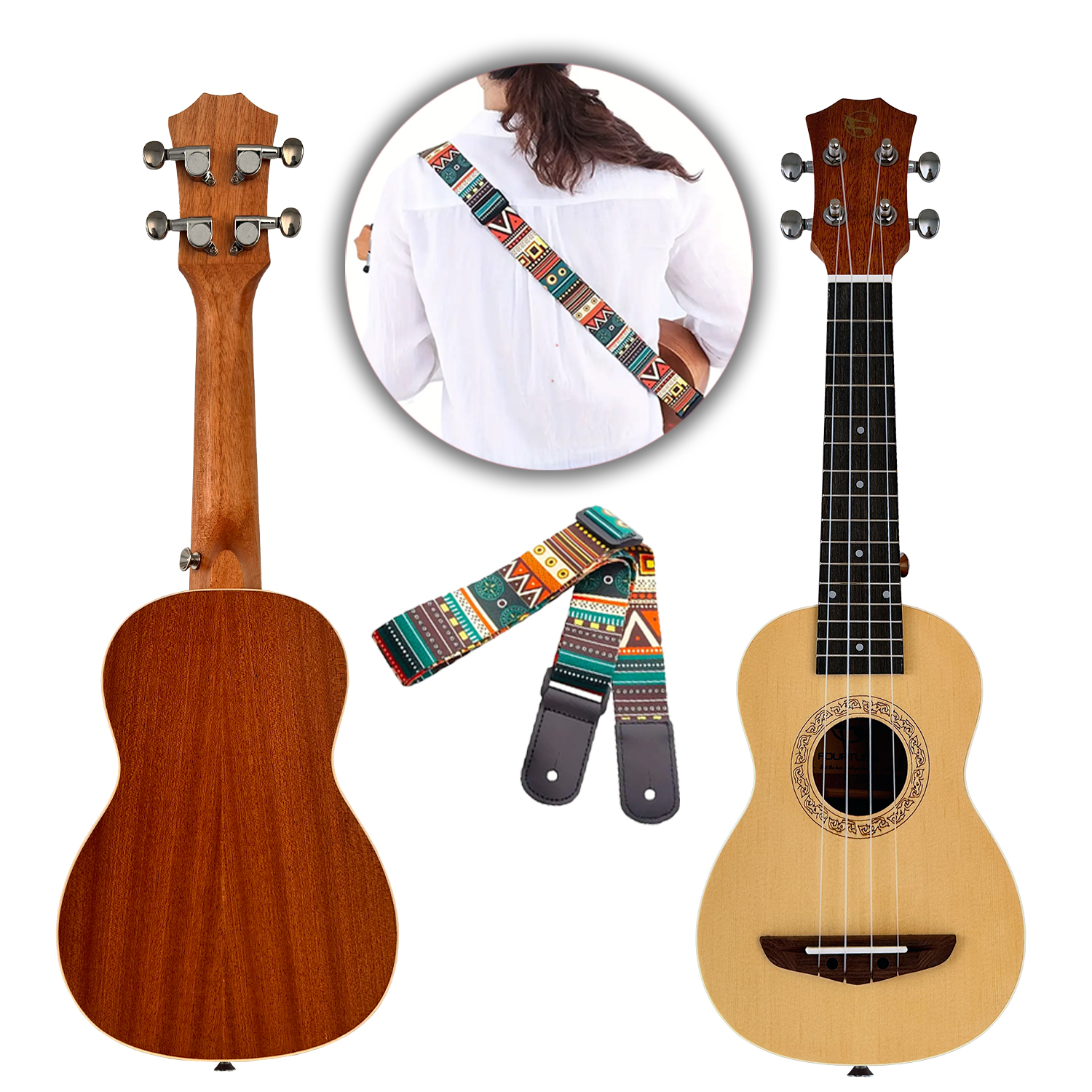 Beyaz arka plan üzerinde etnik desenli iki ukulele ve askı.