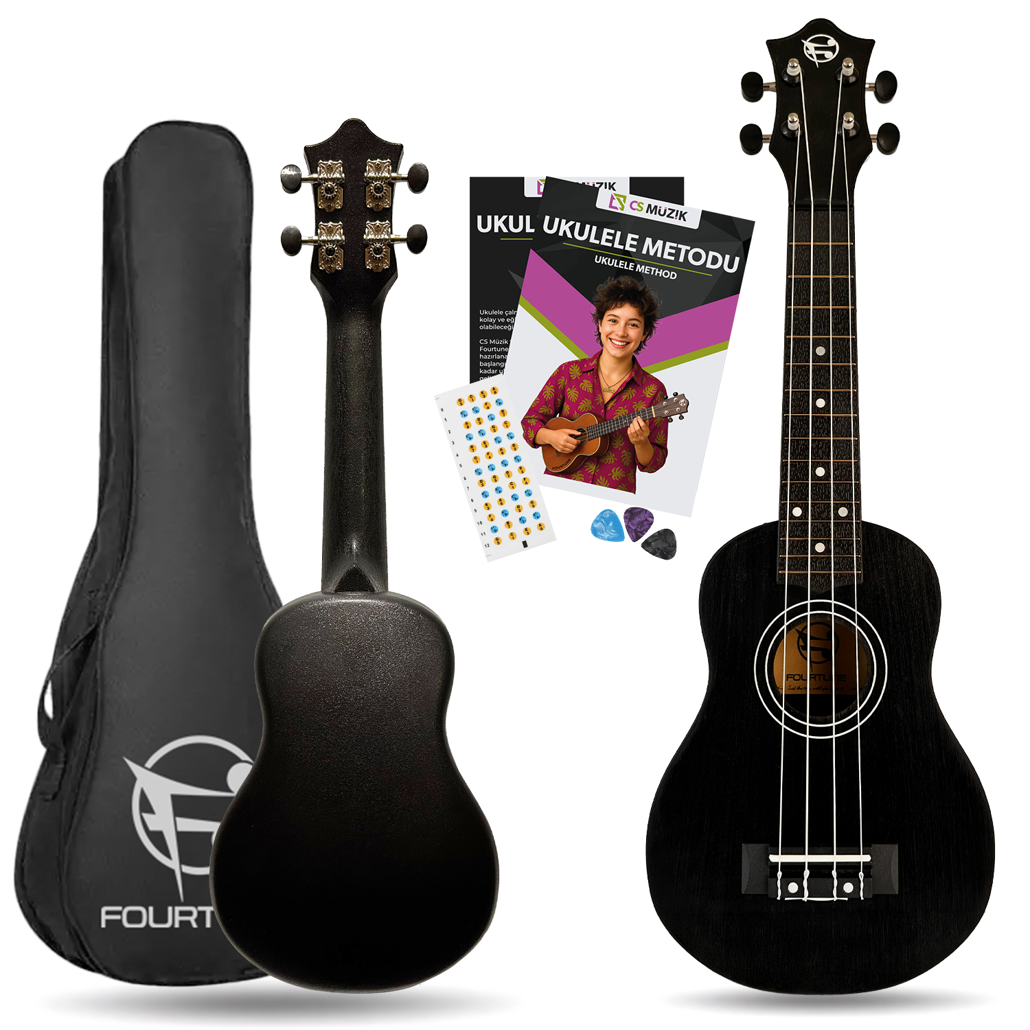 Bir kılıf, pena ve öğrenme materyalleri içeren siyah ukulele seti.
