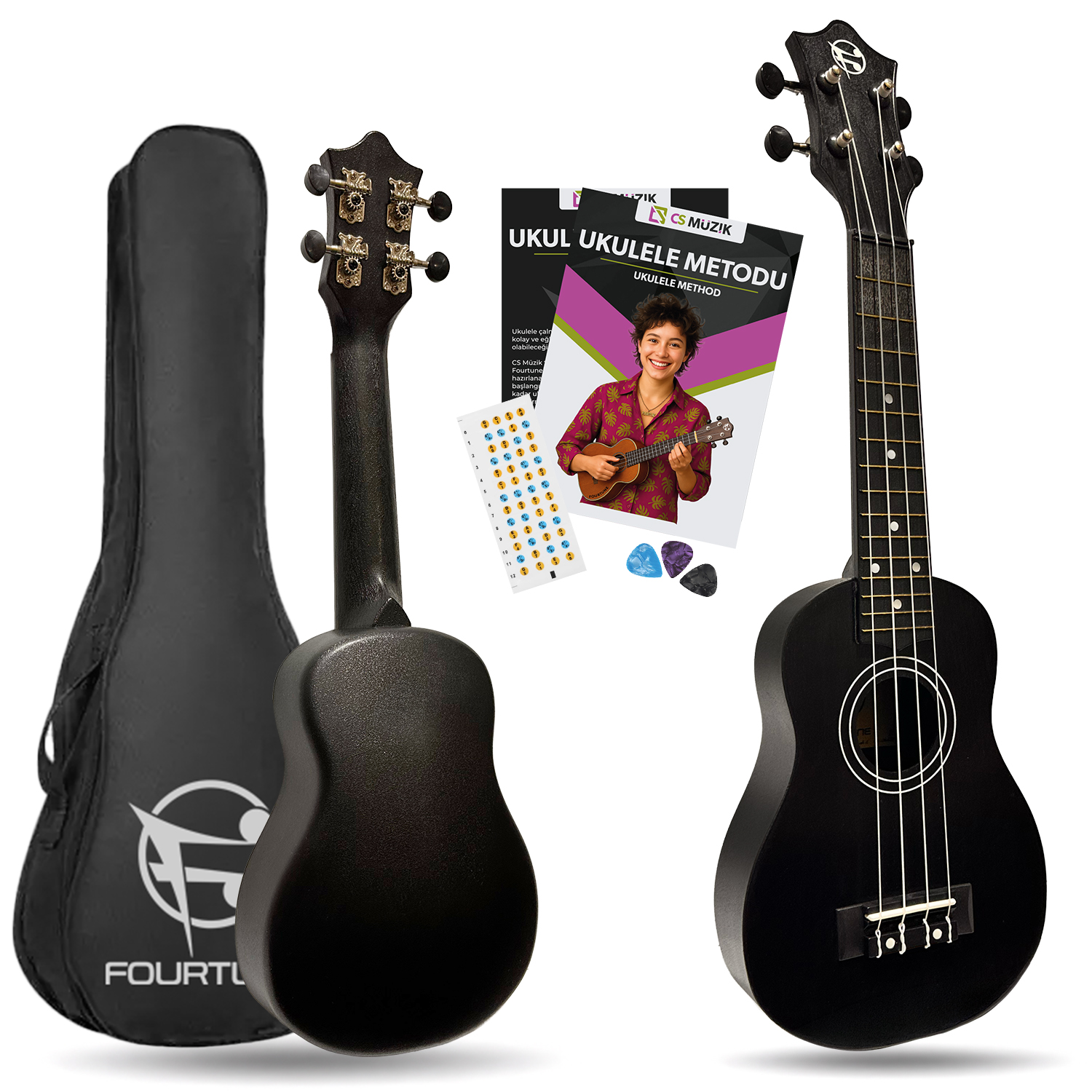 İki siyah ukulele, biri kılıflı, ayrıca bir ukulele metot kitabı ve pena.