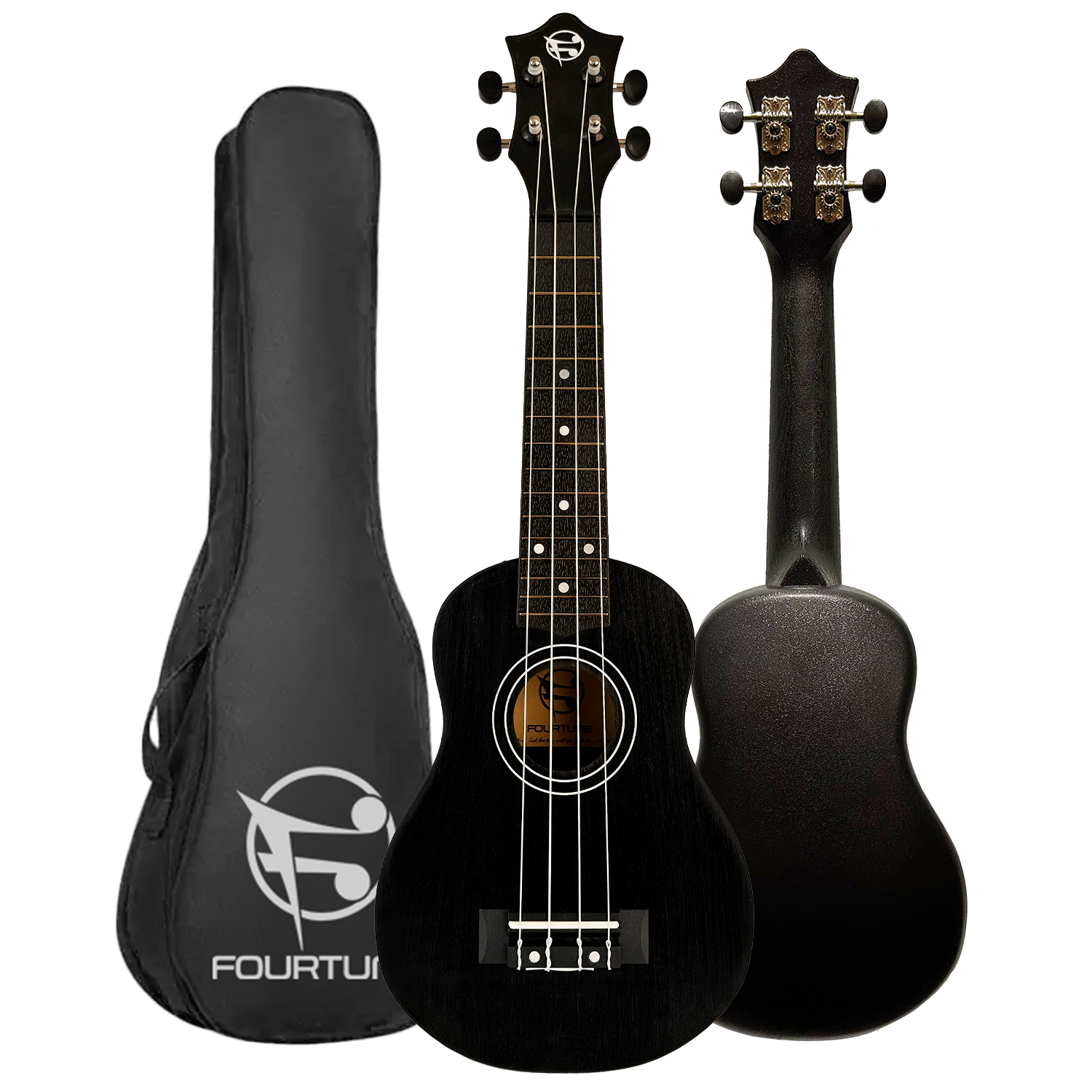 Kılıflı siyah ukulele seti. Ukulelenin ön ve arka görünümleri.