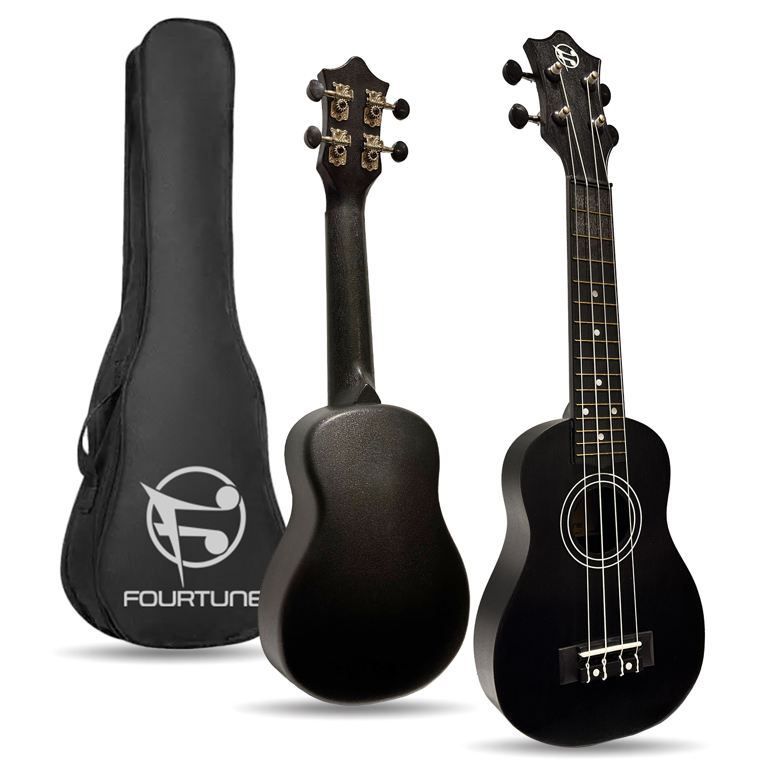 Siyah ukulele ve kılıf seti. Bir ukulele önde, biri arkada.