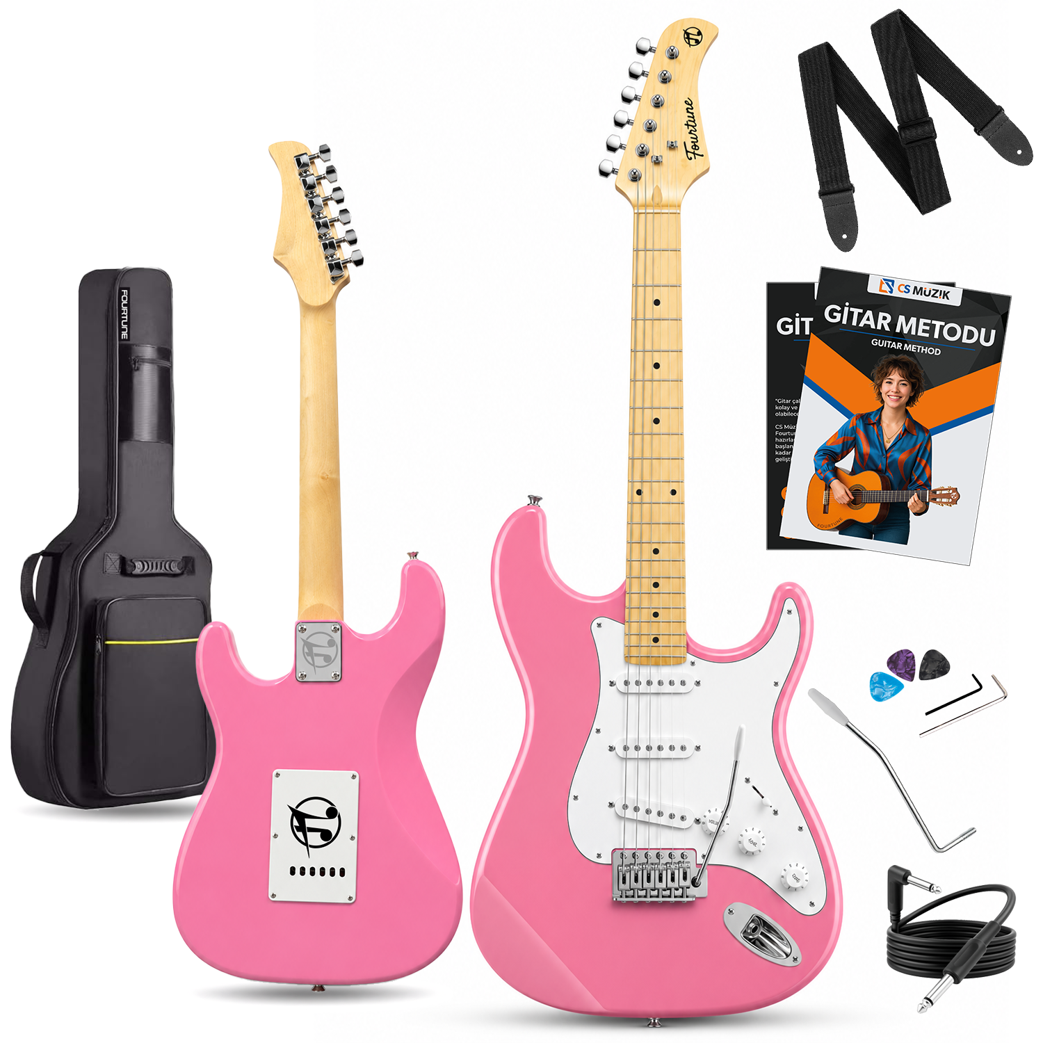 İki pembe elektro gitar, gitar çantası, gitar metodu kitabı, askı ve aksesuarlar.