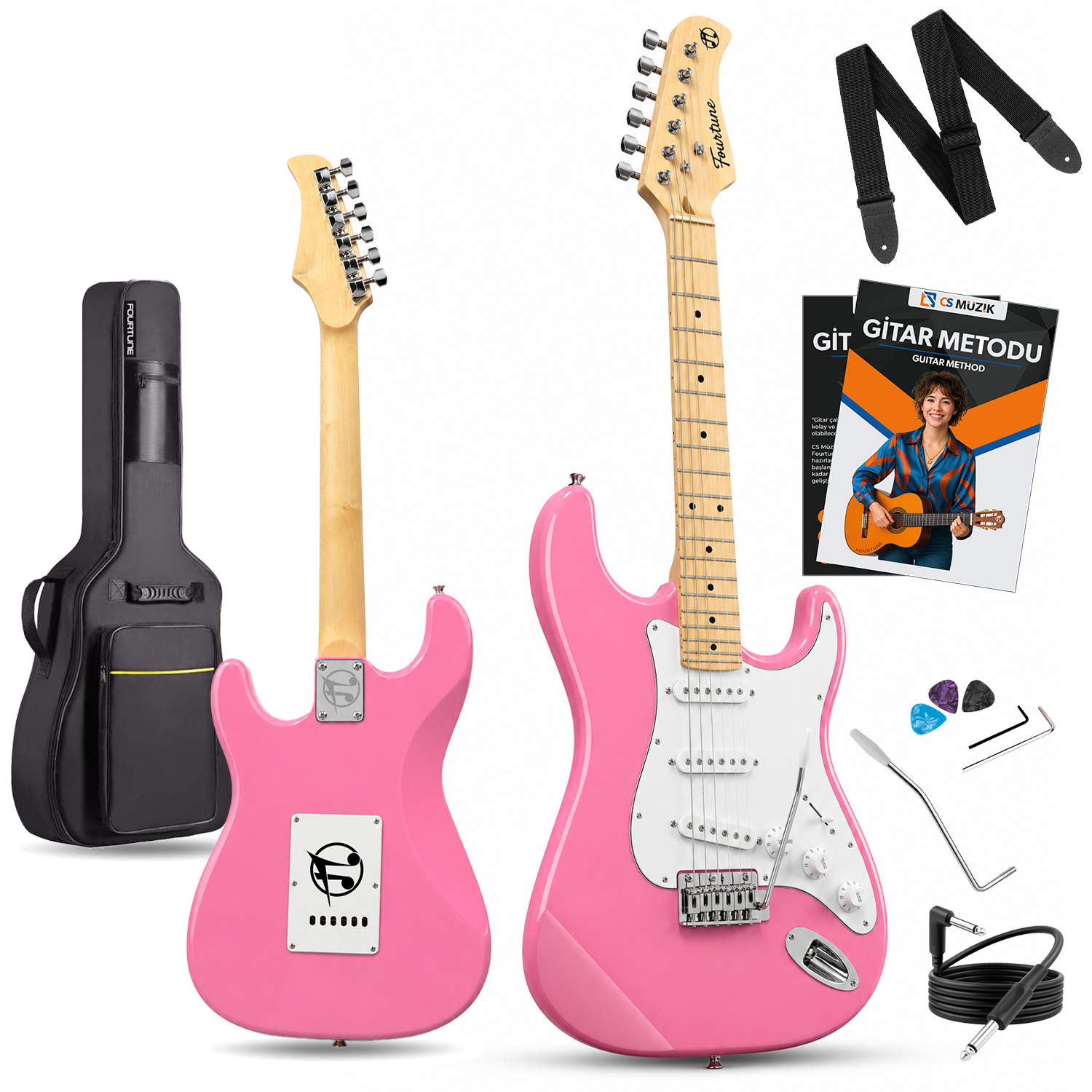 İki pembe elektro gitar, kılıf ve gitar metod kitabı dahil aksesuarlarla.