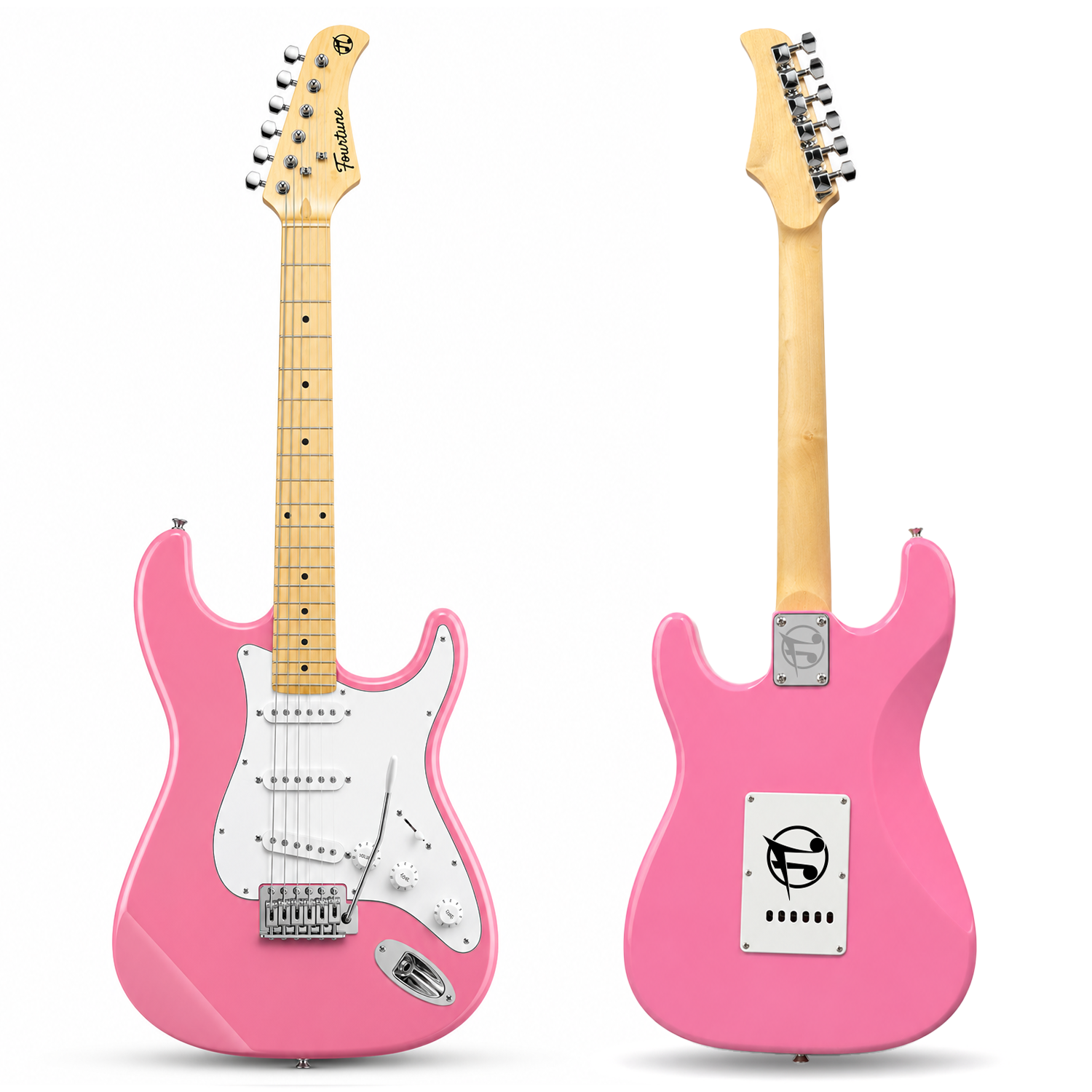 Beyaz pena korumalı ve gümüş donanımlı pembe elektro gitarın iki görünümü.