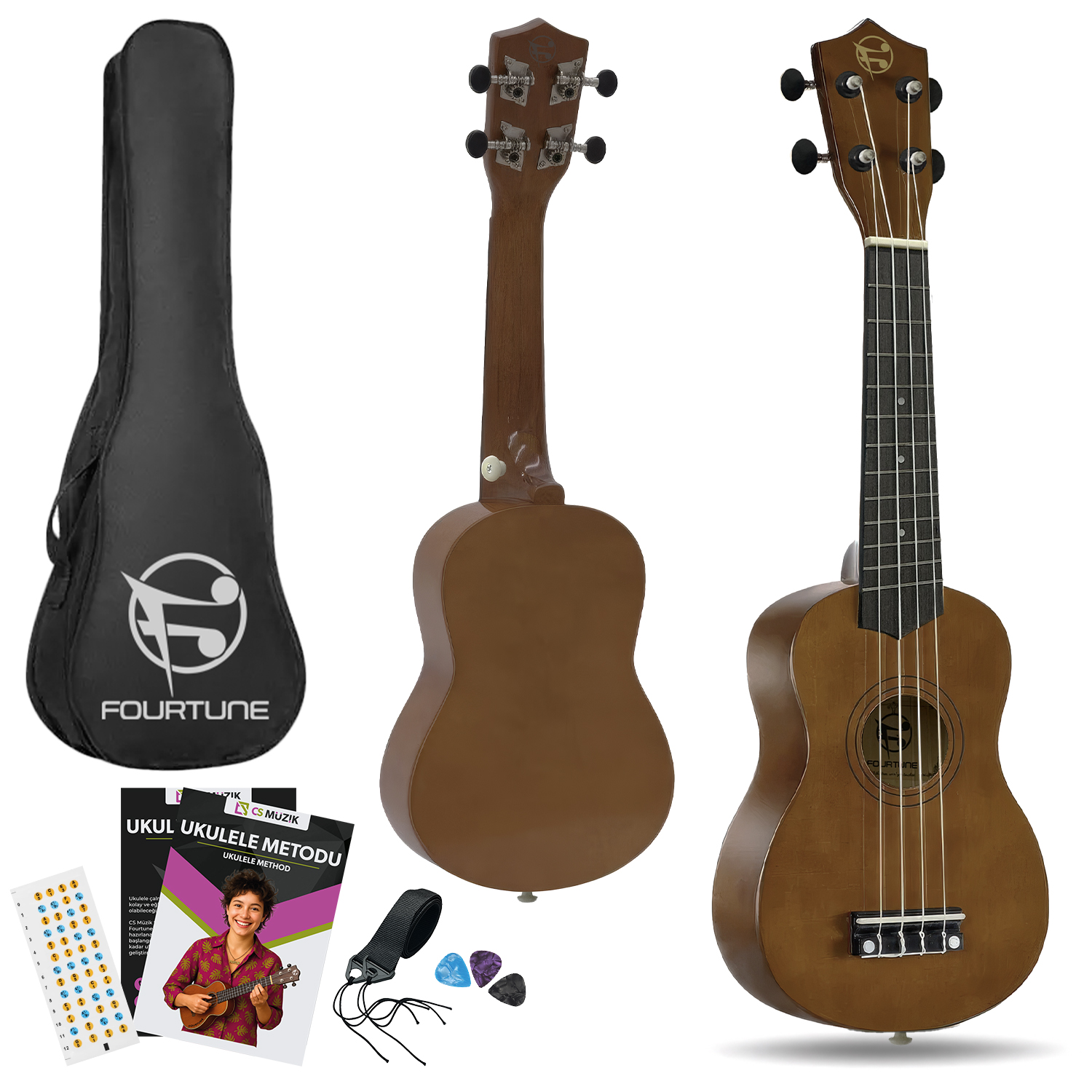 Kahverengi ukulele seti, kılıf, metod ve aksesuarlarla.