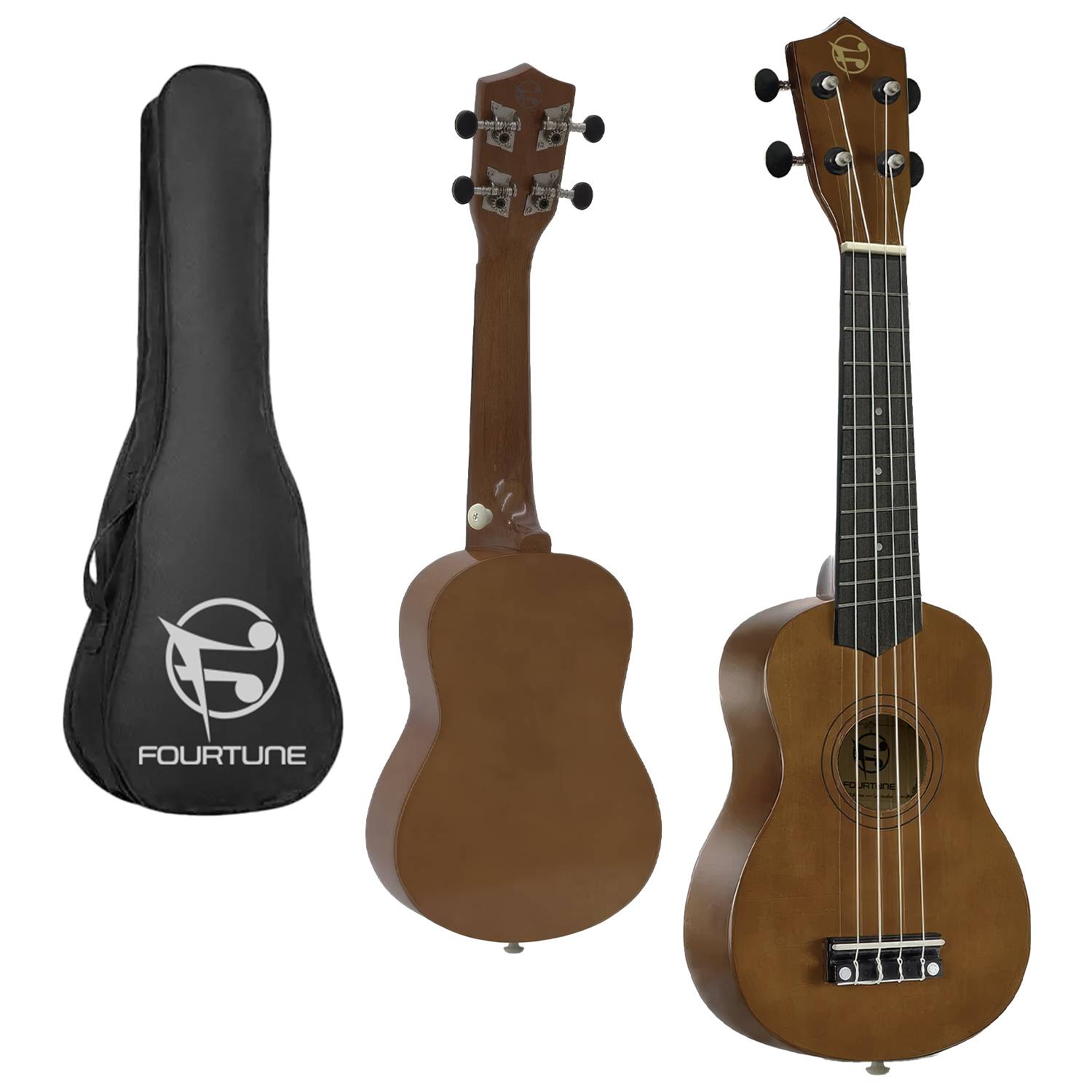 Logolu kahverengi ukulele ve siyah taşıma çantası üç görünüm.