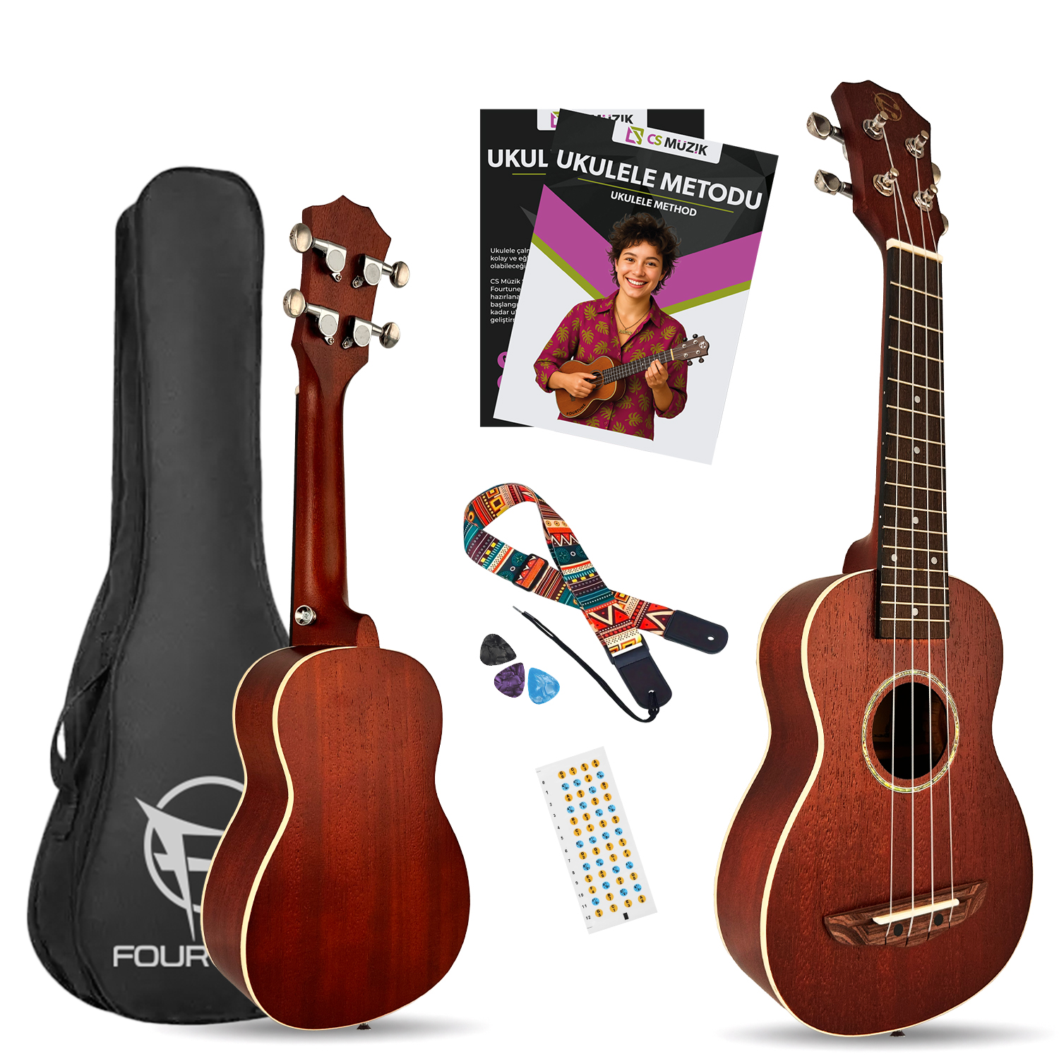 Aksesuarlı iki ukulele: siyah kılıf, askı, pena, çıkartmalar ve yöntem kitabı.