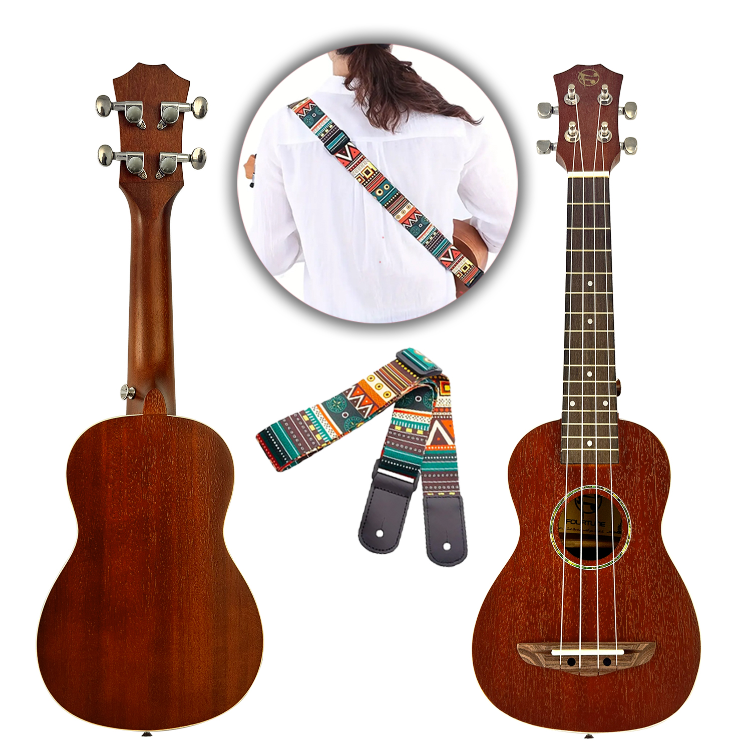 Desenli askılı kahverengi ukulele seti beyaz arka planda sergileniyor.