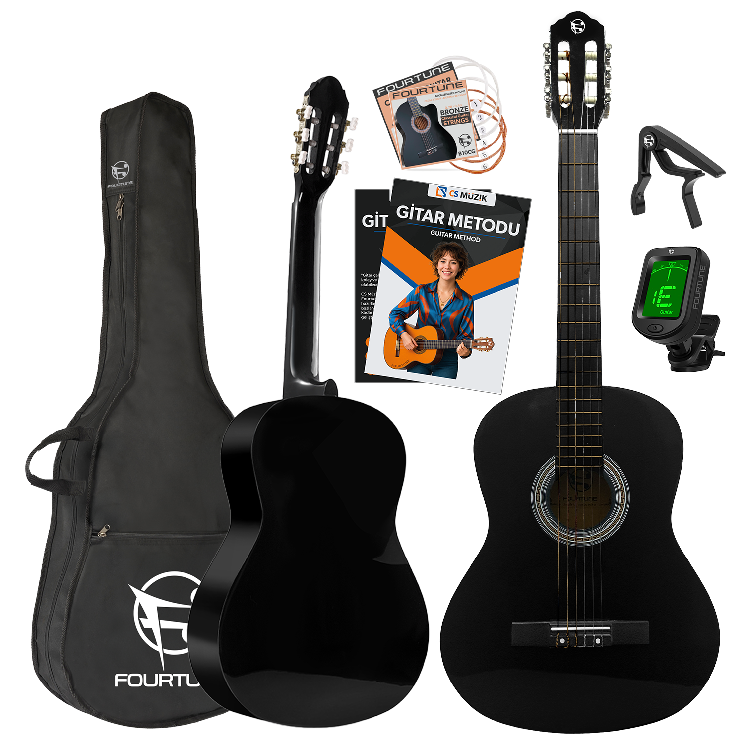 İki siyah gitar, biri kılıfında, pena ve tuner gibi aksesuarlarla birlikte.