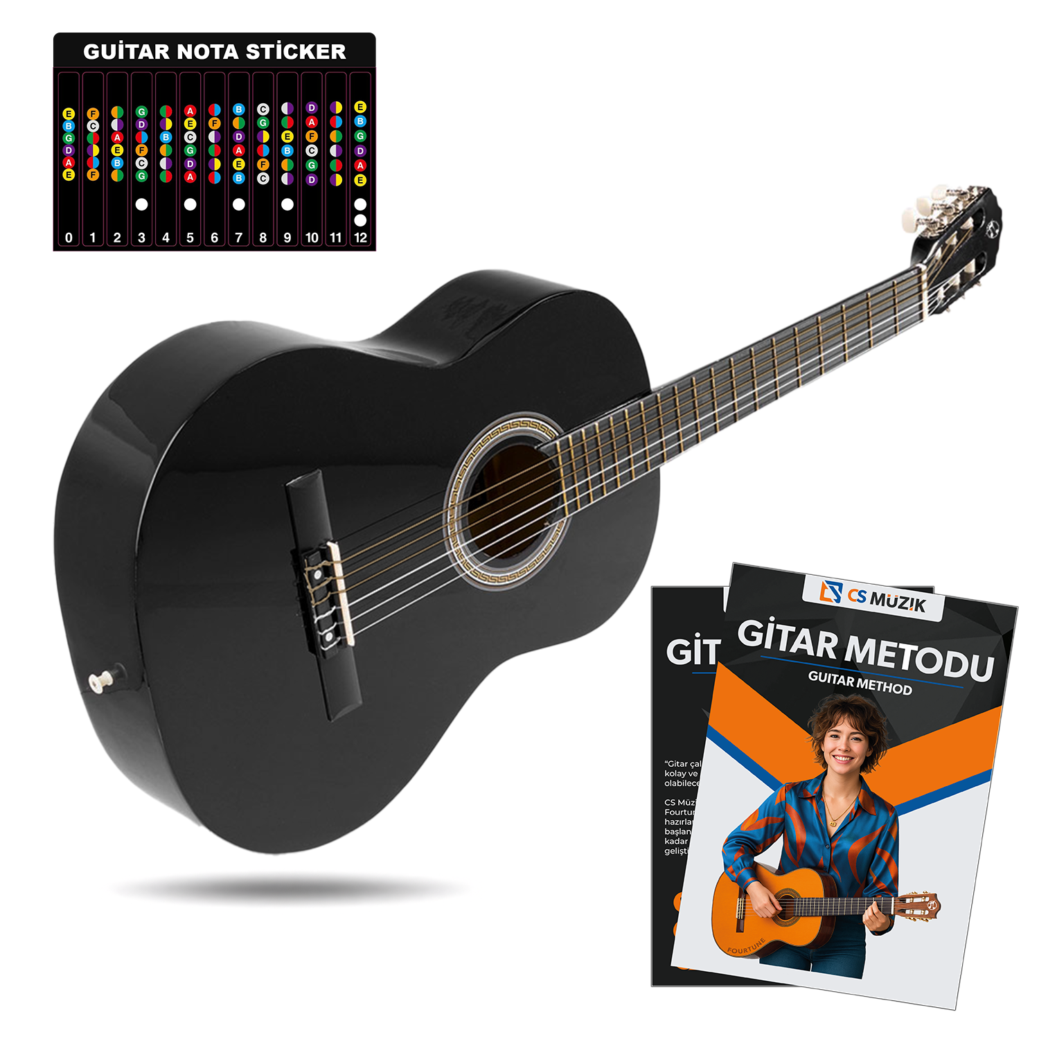 Siyah gitar, üzerinde nota etiketi ve metot kitabı ile beyaz arka planda.