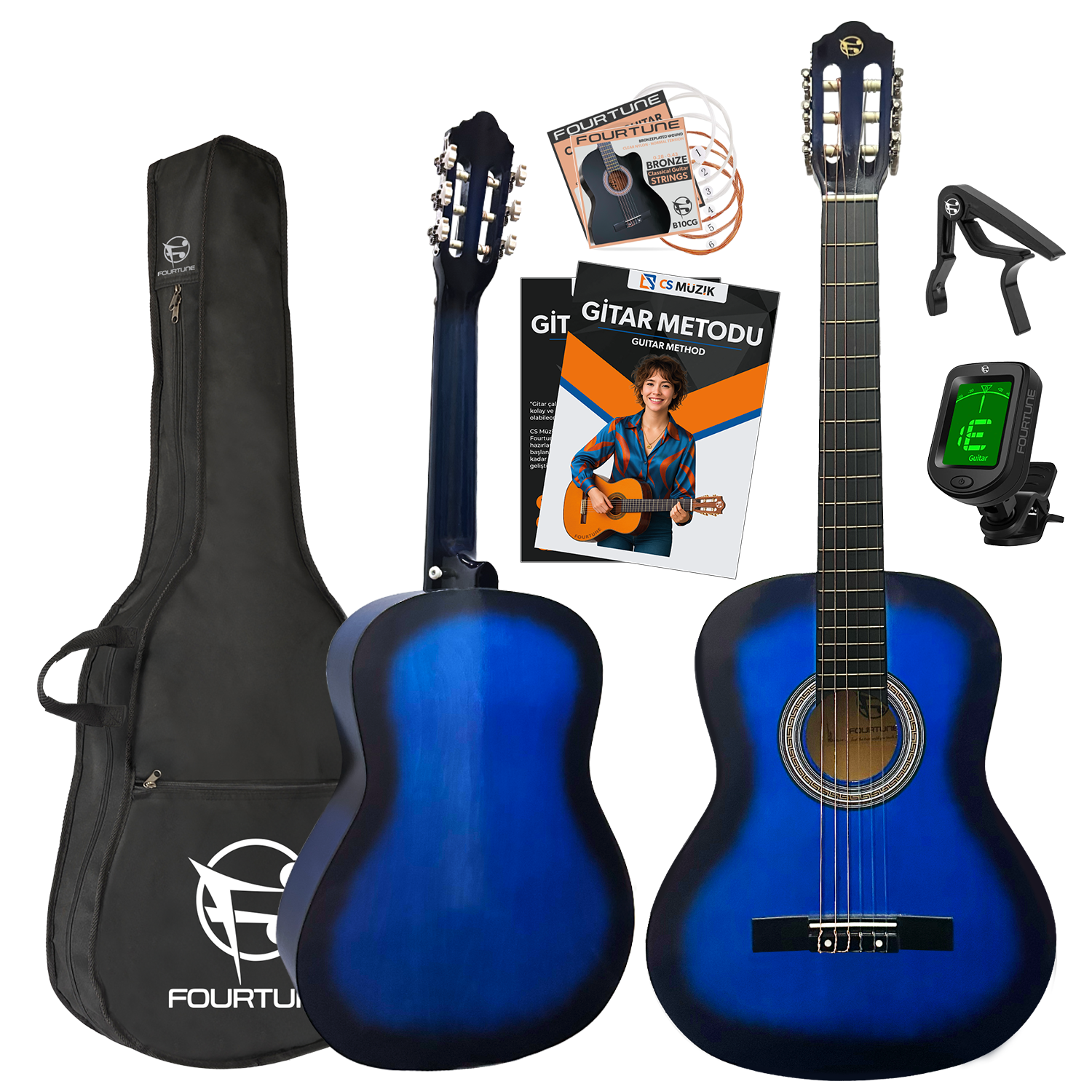 Mavi akustik gitar seti çanta, teller, pena, tuner ve metot kitabı ile.