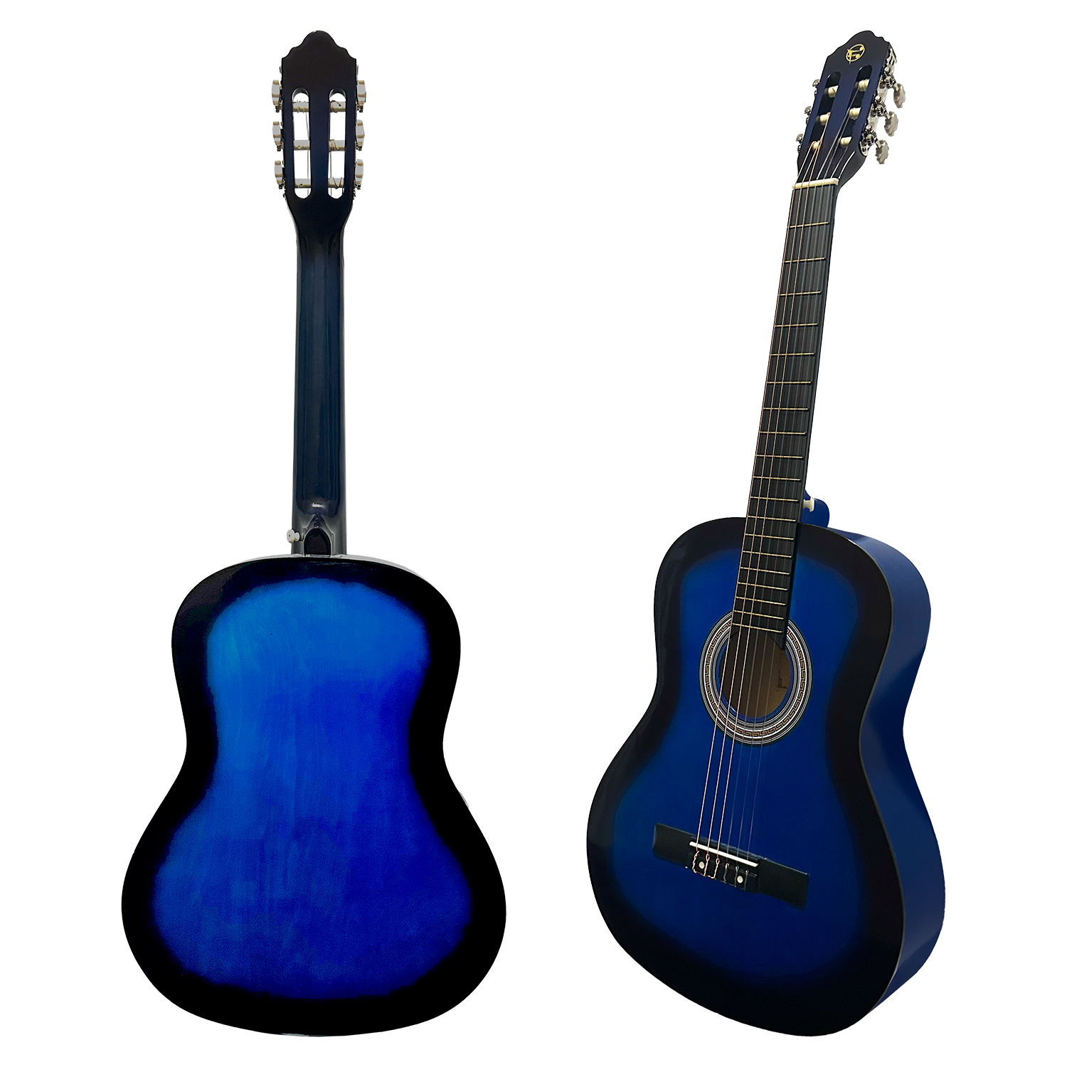 Siyah süslemeli mavi bir akustik gitar önden ve arkadan gösteriliyor.