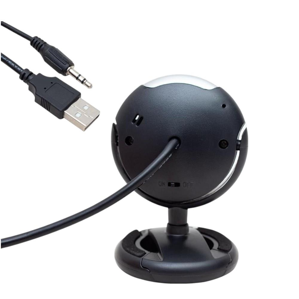USB ve jak konektörlü siyah web kamerasının arka görünümü.