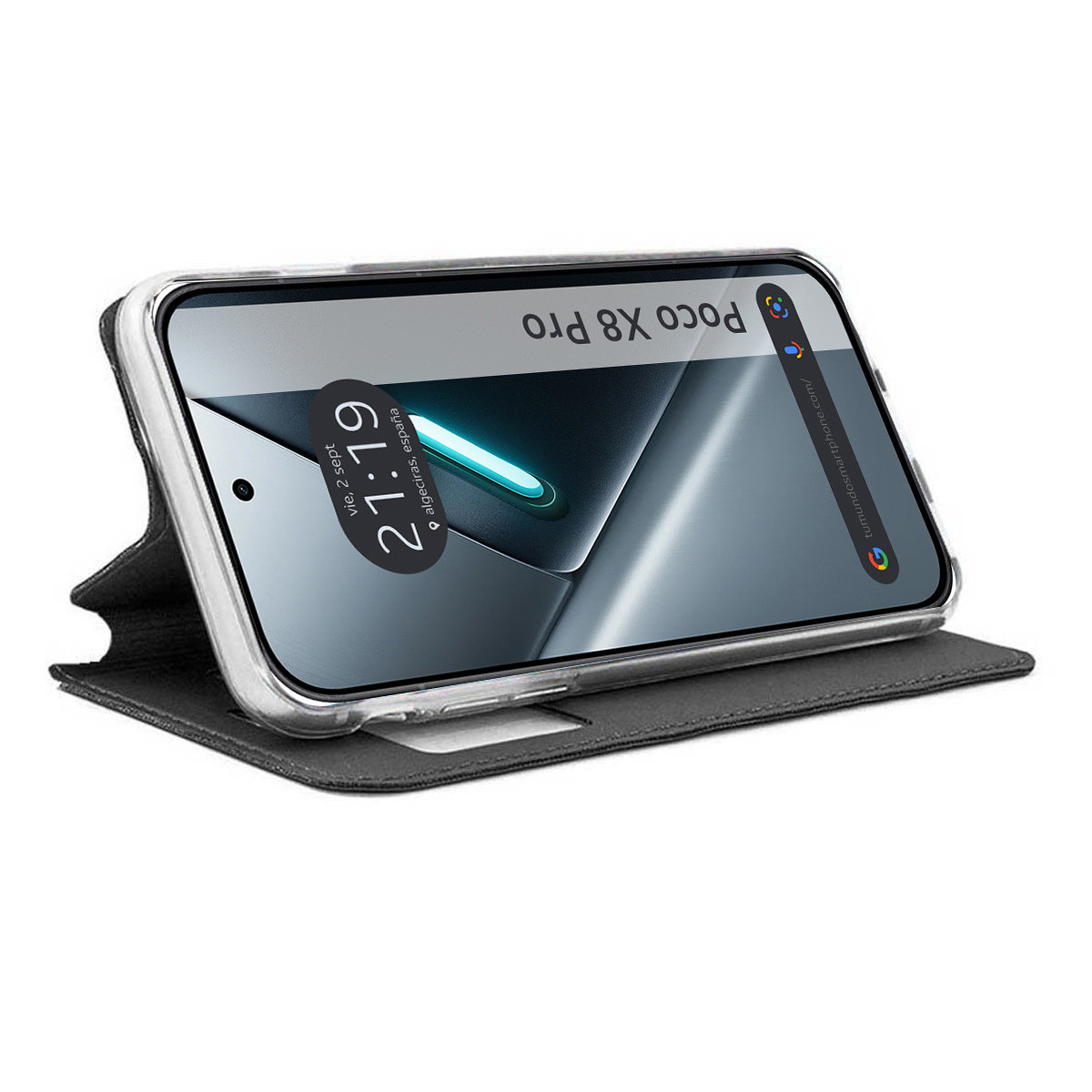 Una funda negra para teléfono con un teléfono transparente dentro, mostrando la hora 21:19.