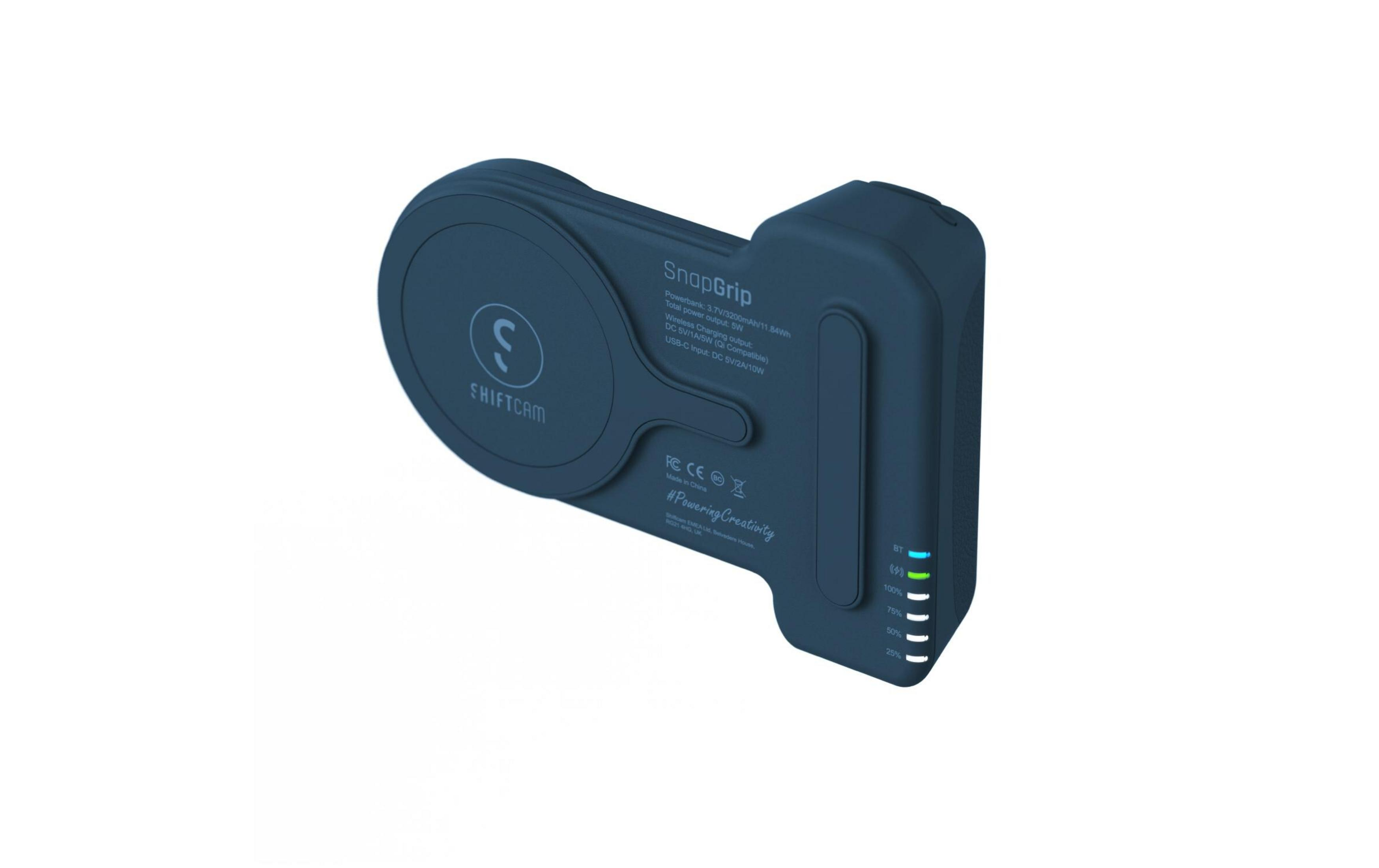 Shiftcam logosu, şarj göstergeleri ve metin içeren koyu mavi SnapGrip powerbank.