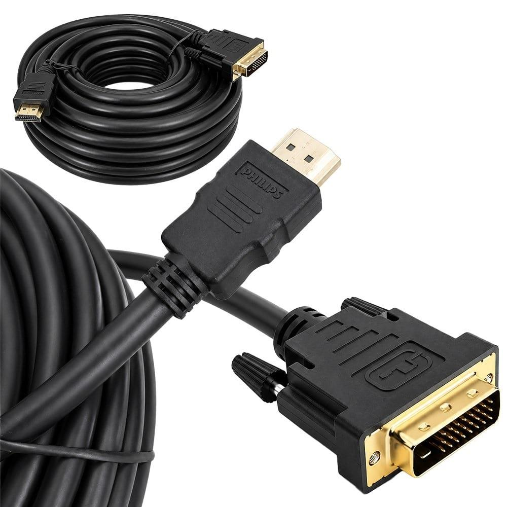 HDMI ve DVI konektörlü siyah kablo, sarılı ve açılmış halde.