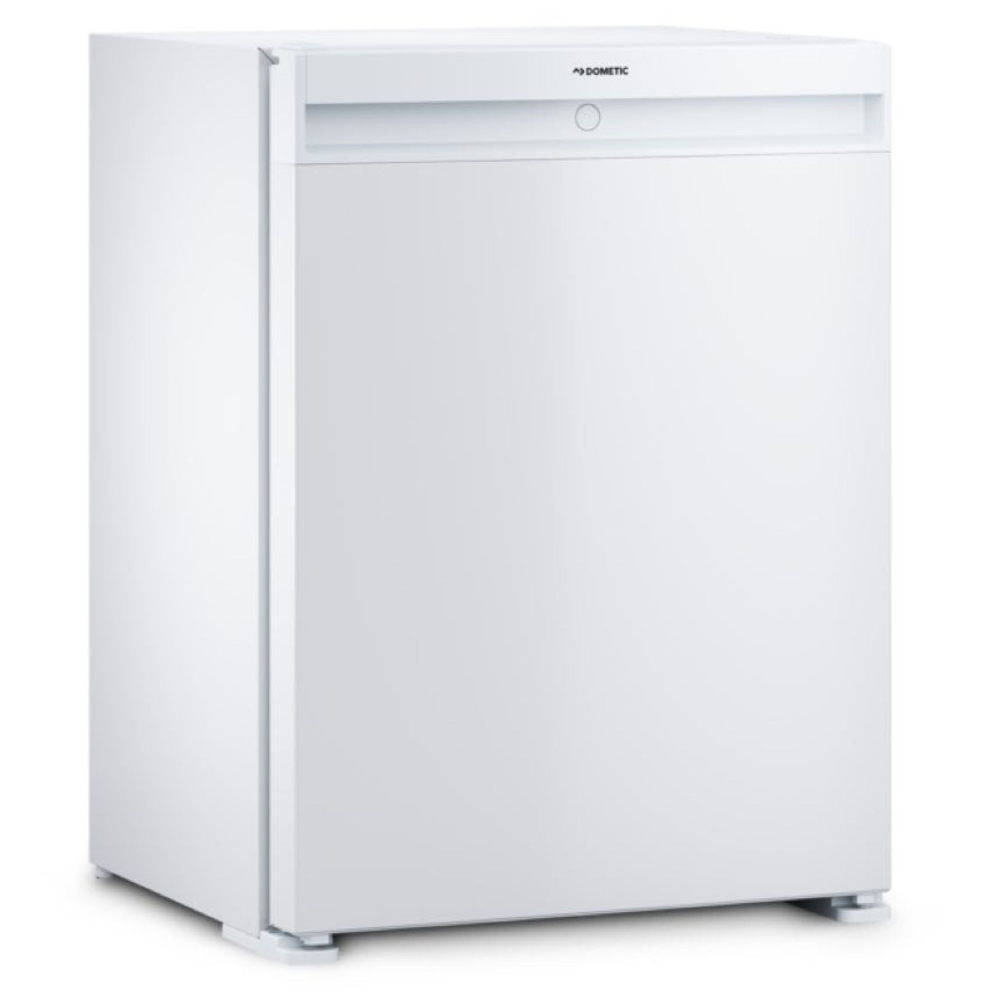 Un petit réfrigérateur blanc avec le logo Dometic sur le dessus.
