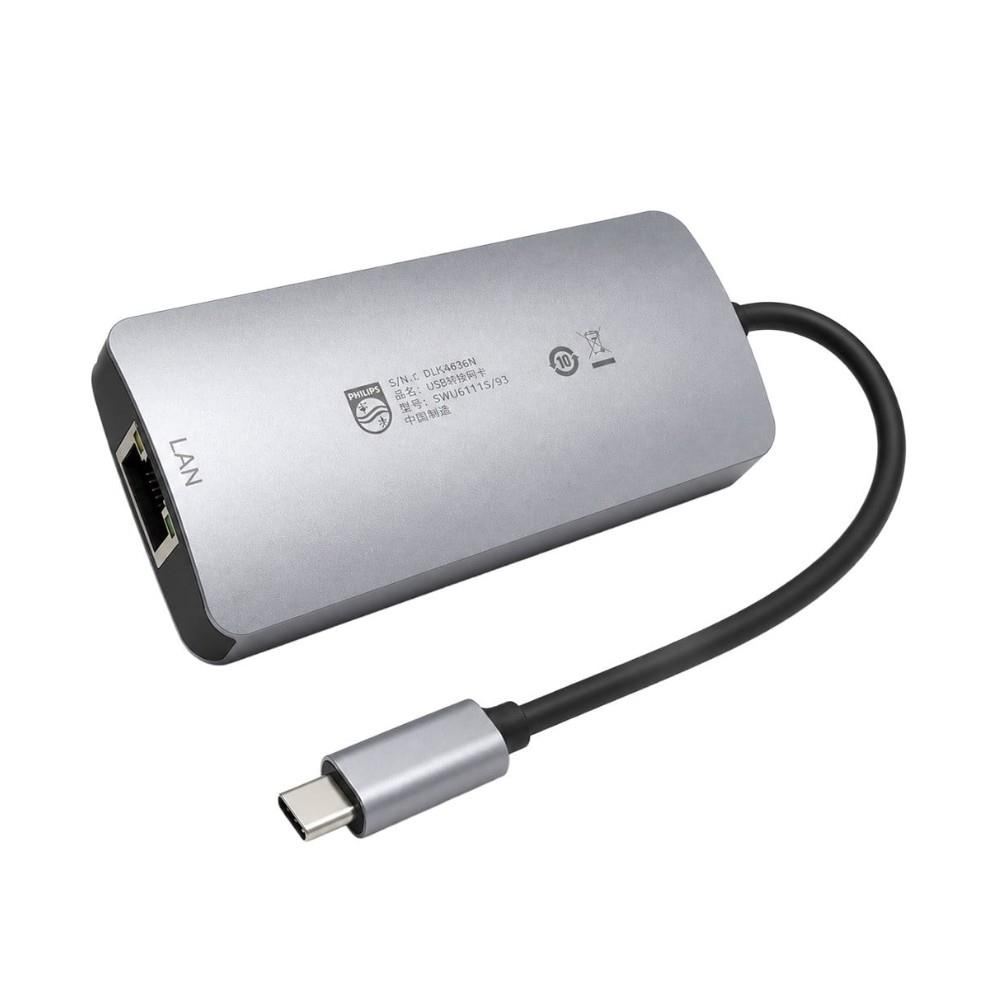 Gümüş Philips USB-C - LAN adaptörü, siyah kablo ve konektörlü.