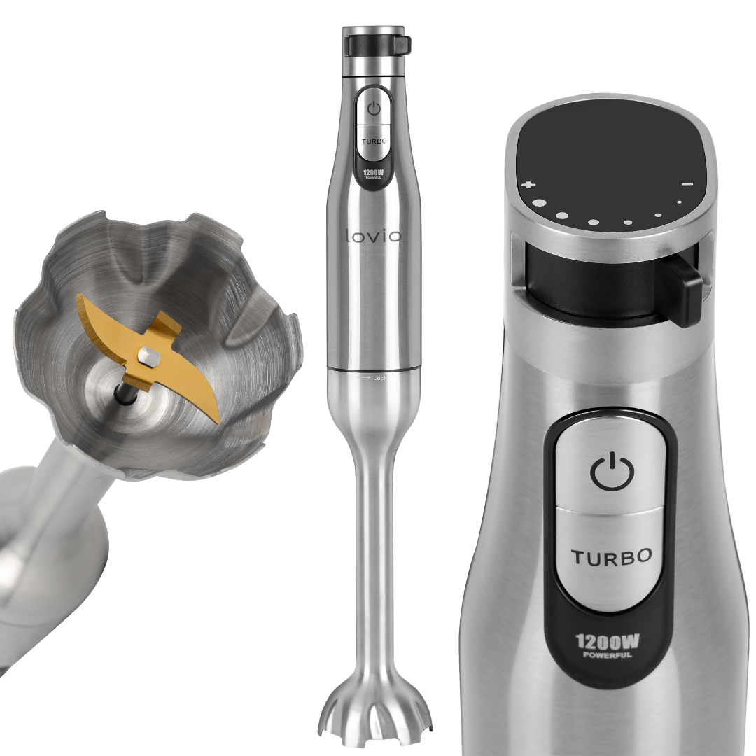 Srebrny blender ręczny ze złotymi ostrzami, przyciskiem zasilania, turbo i oznaczeniem 1200W.