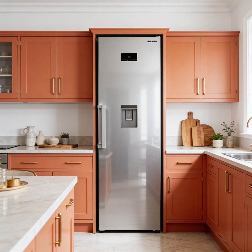 Modern kitchen with orange cabinets and a silver refrigerator with a water dispenser.