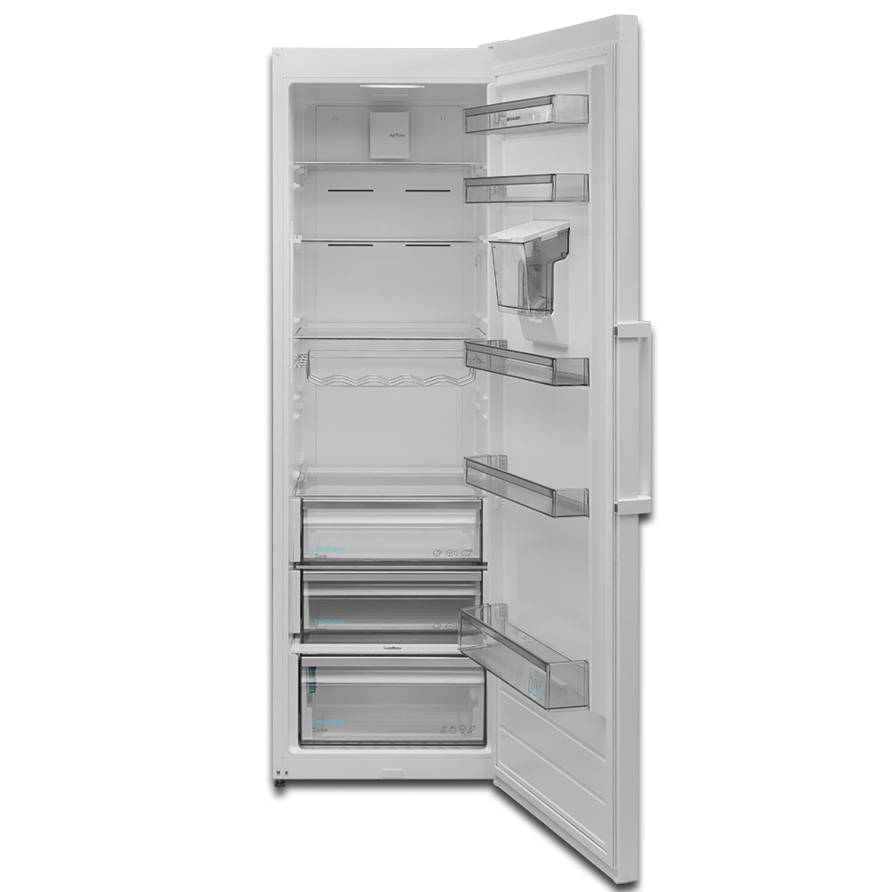 An open white refrigerator with glass shelves and multiple drawers inside.