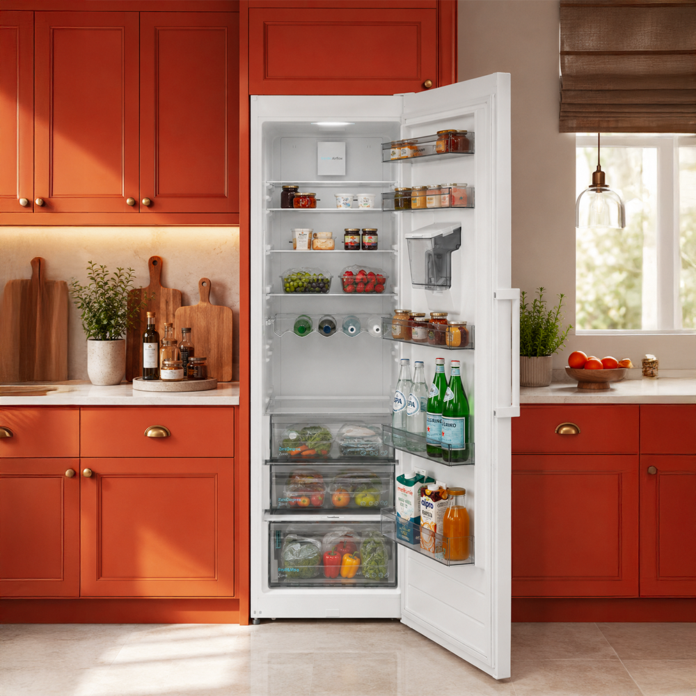 An open refrigerator full of food in an orange kitchen.