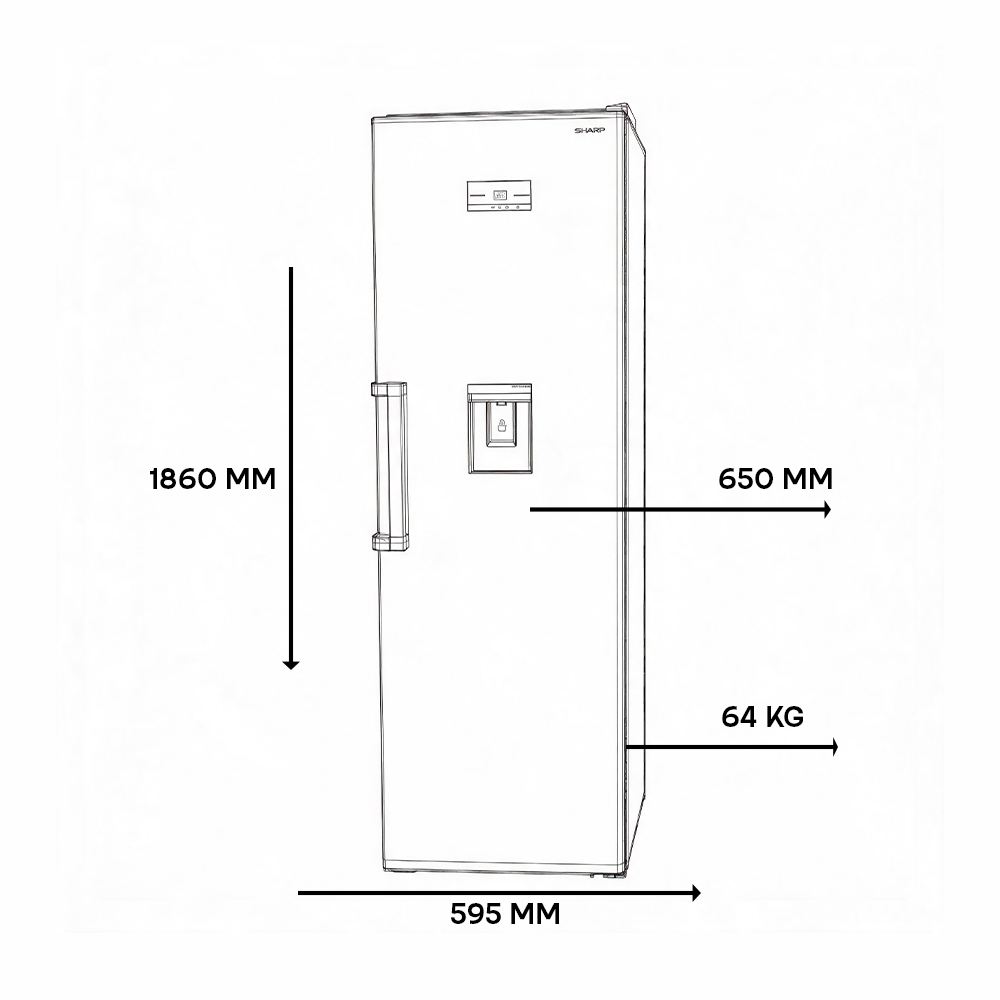 A slim refrigerator with water dispenser, 186cm H, 65cm D, 59.5cm W, 64kg.