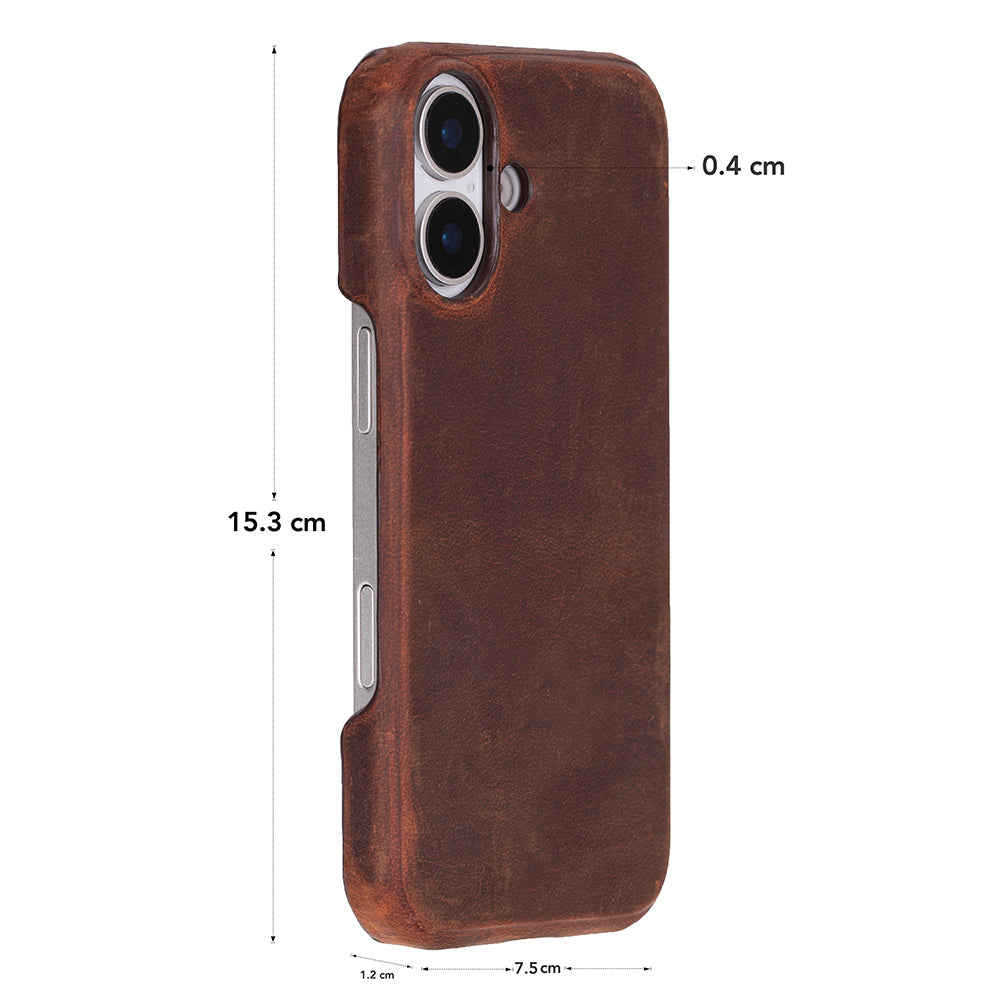 Kahverengi deri iPhone kılıfı, 15,3 cm U, 7,5 cm G, 0,4 cm Kalınlık.