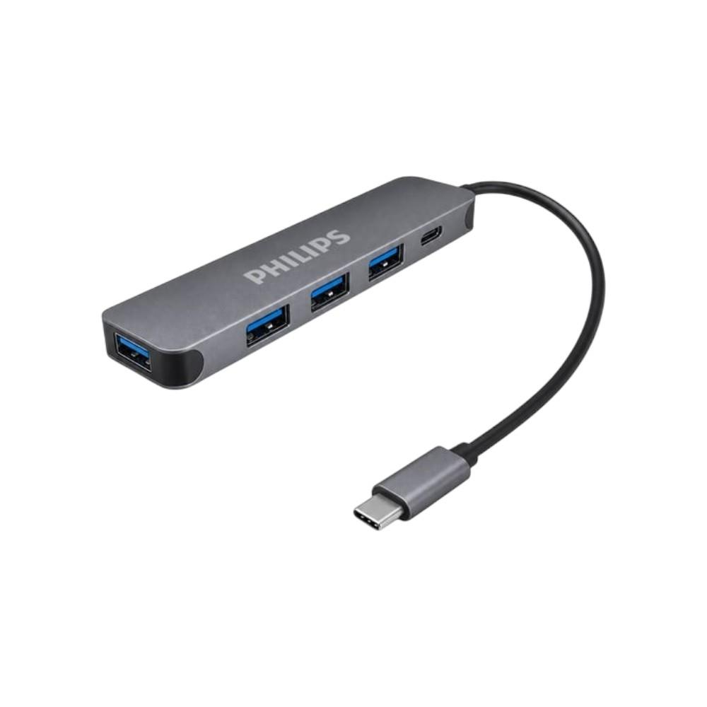 4 USB-A ve bir USB-C bağlantı noktasına sahip gri Philips USB-C hub.