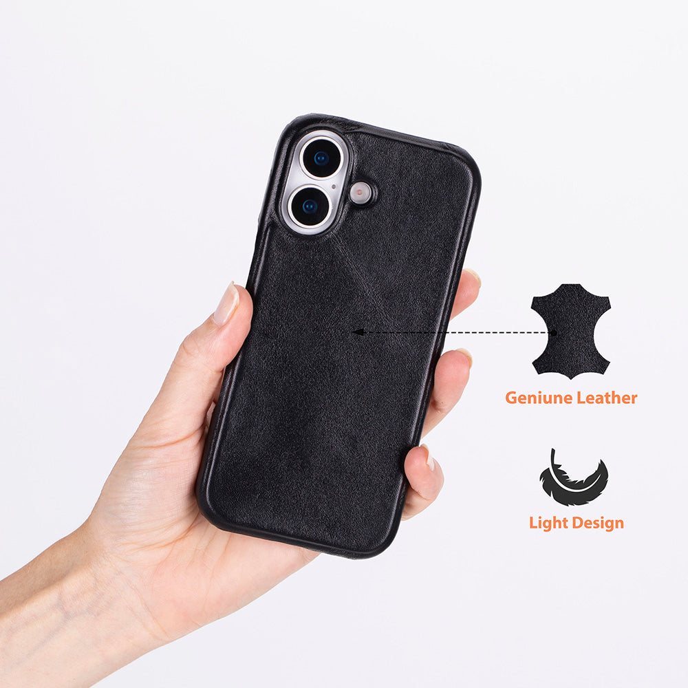 Elde kamera kesimli siyah deri telefon kılıfı tutuluyor. Gerçek deri ikonu.