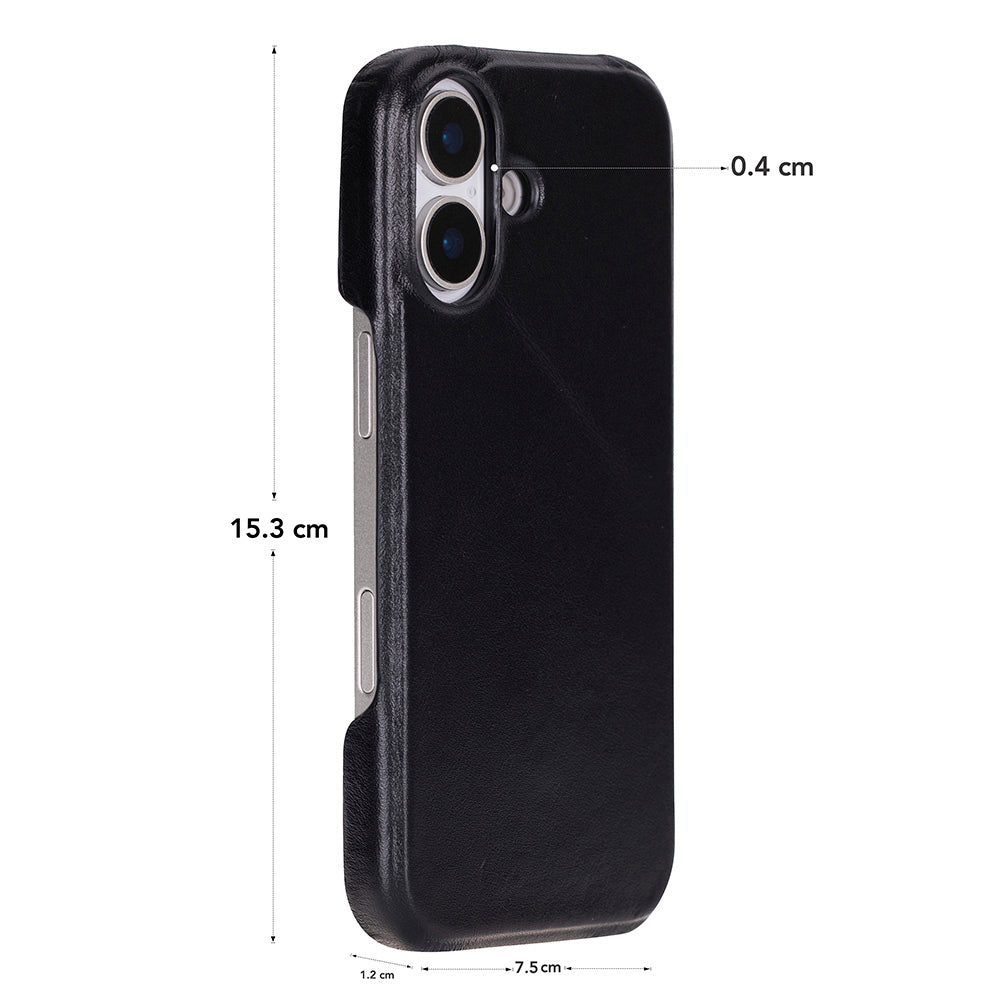 Siyah telefon kılıfı boyutları: 15,3 cm uzunluk, 7,5 cm genişlik, 1,2 cm.