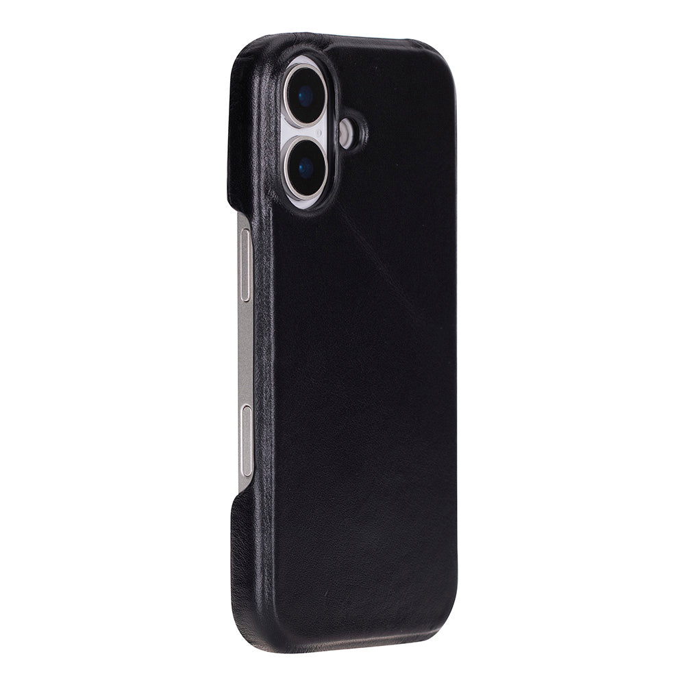 İki kamera lensli ve gümüş yan düğmeli siyah telefon kılıfı.