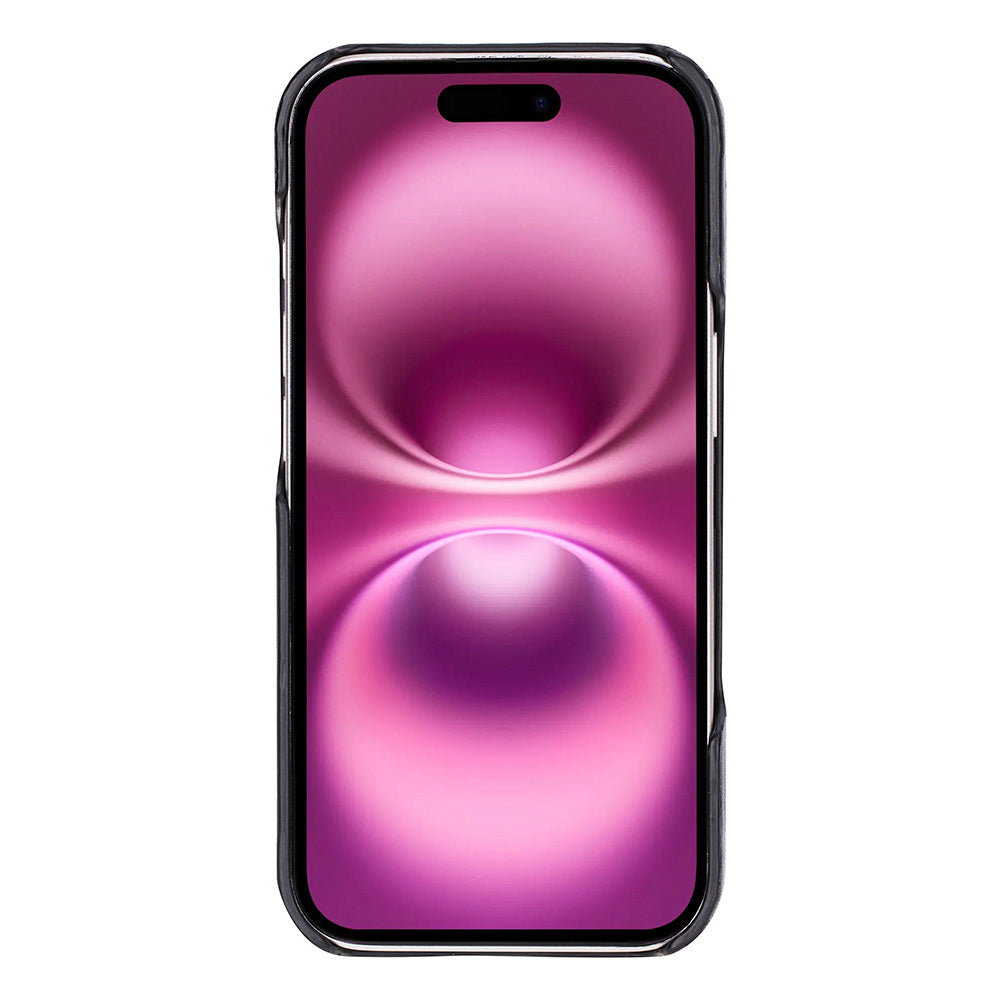 Ekranında mor ve pembe duvar kağıdı gösteren siyah bir akıllı telefon.