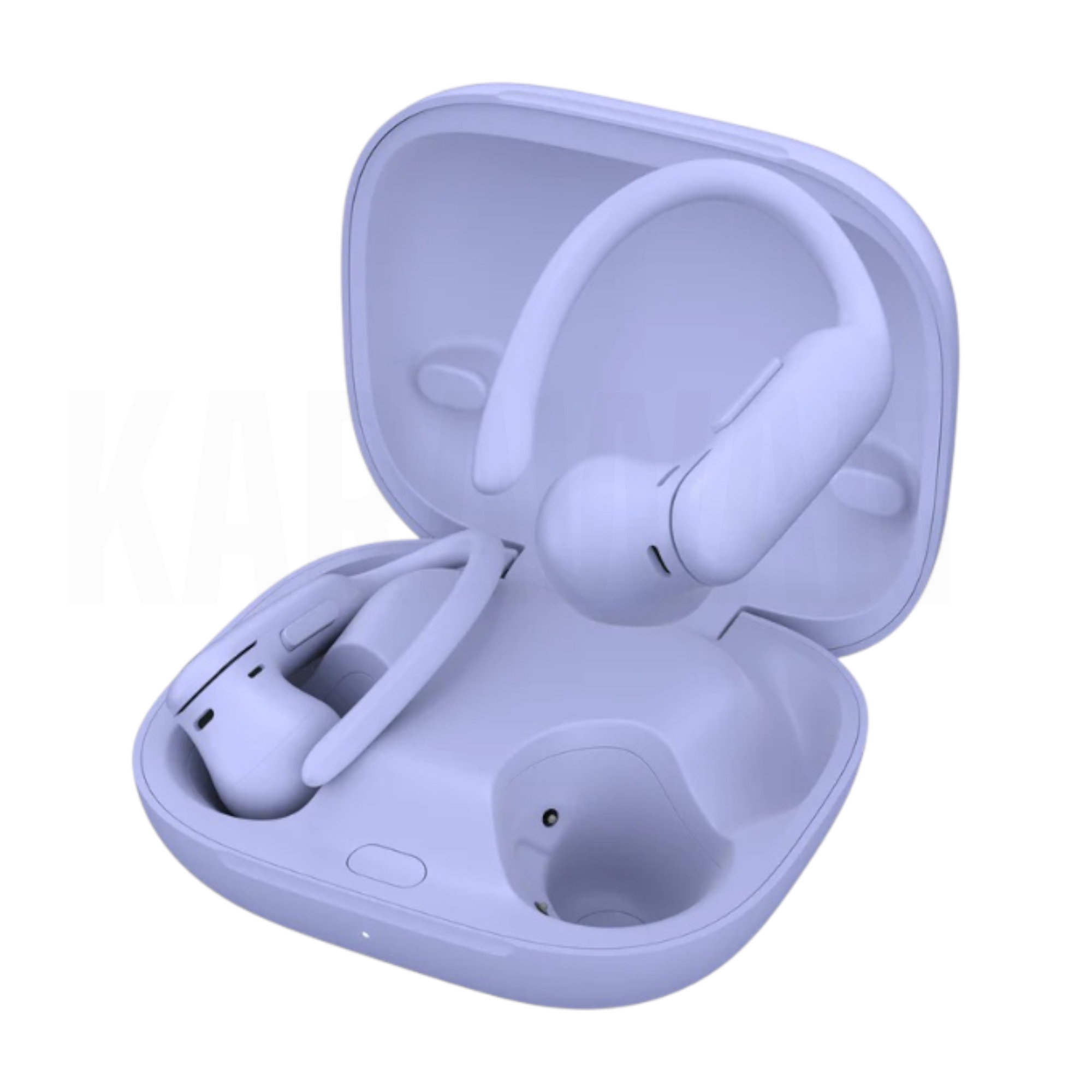 Un par de auriculares inalámbricos lavanda dentro de un estuche de carga abierto sobre fondo blanco.