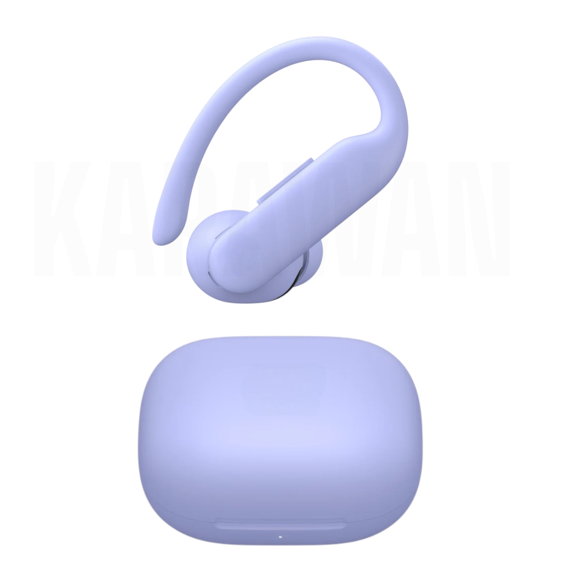 Un auricular lavanda con gancho y estuche de carga sobre fondo blanco.