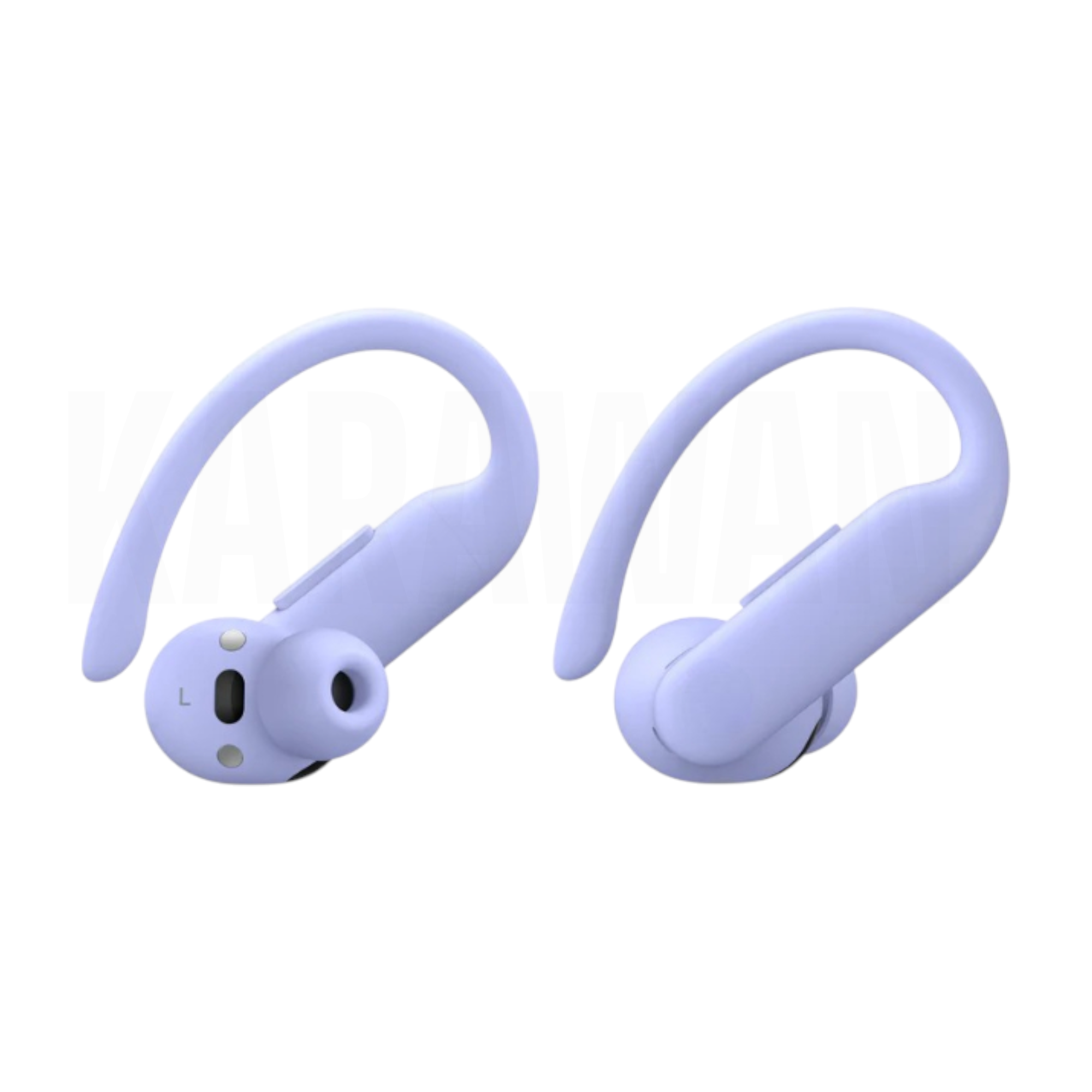 Dos auriculares inalámbricos lavanda con ganchos para la oreja sobre fondo blanco.