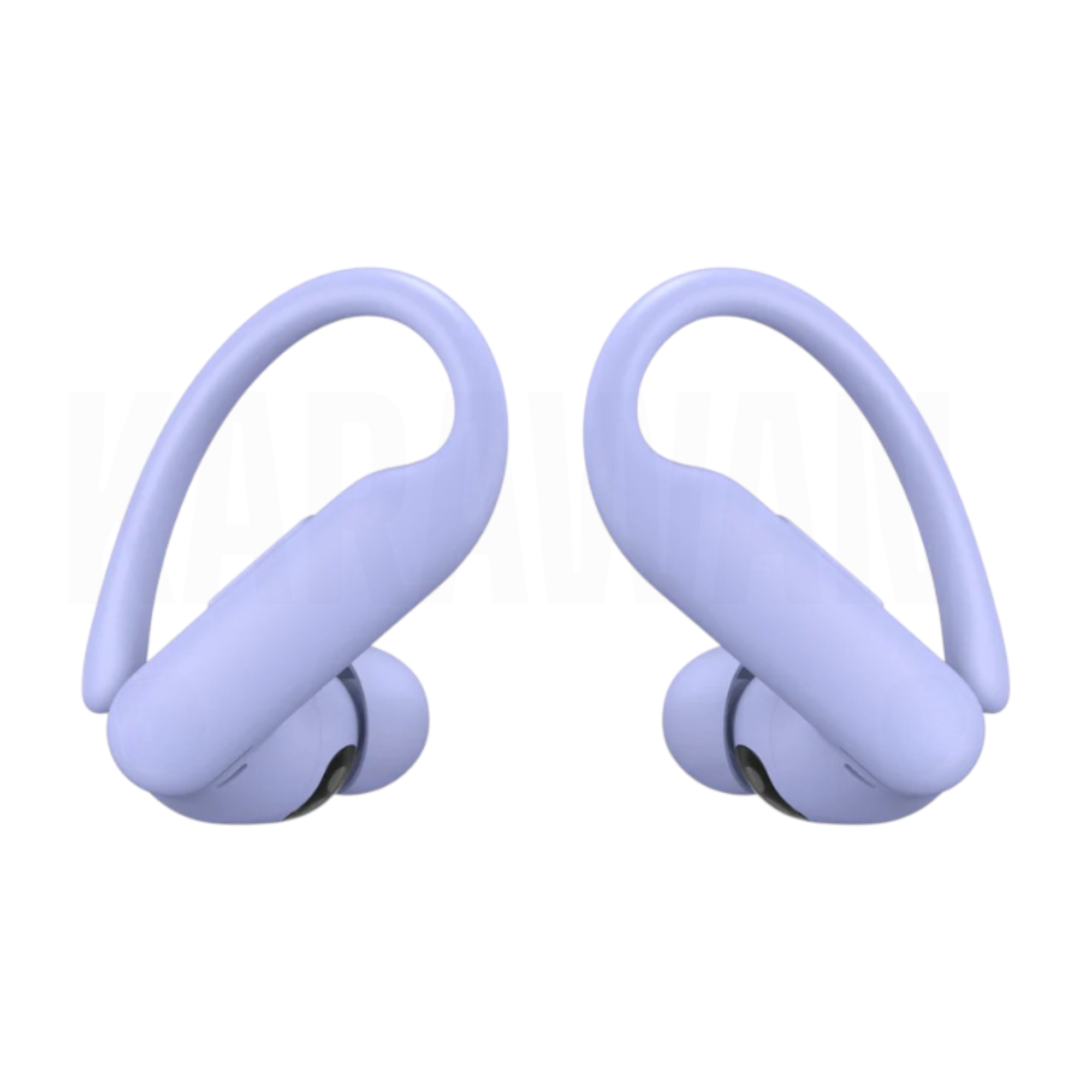 Dos auriculares inalámbricos lavanda con ganchos.