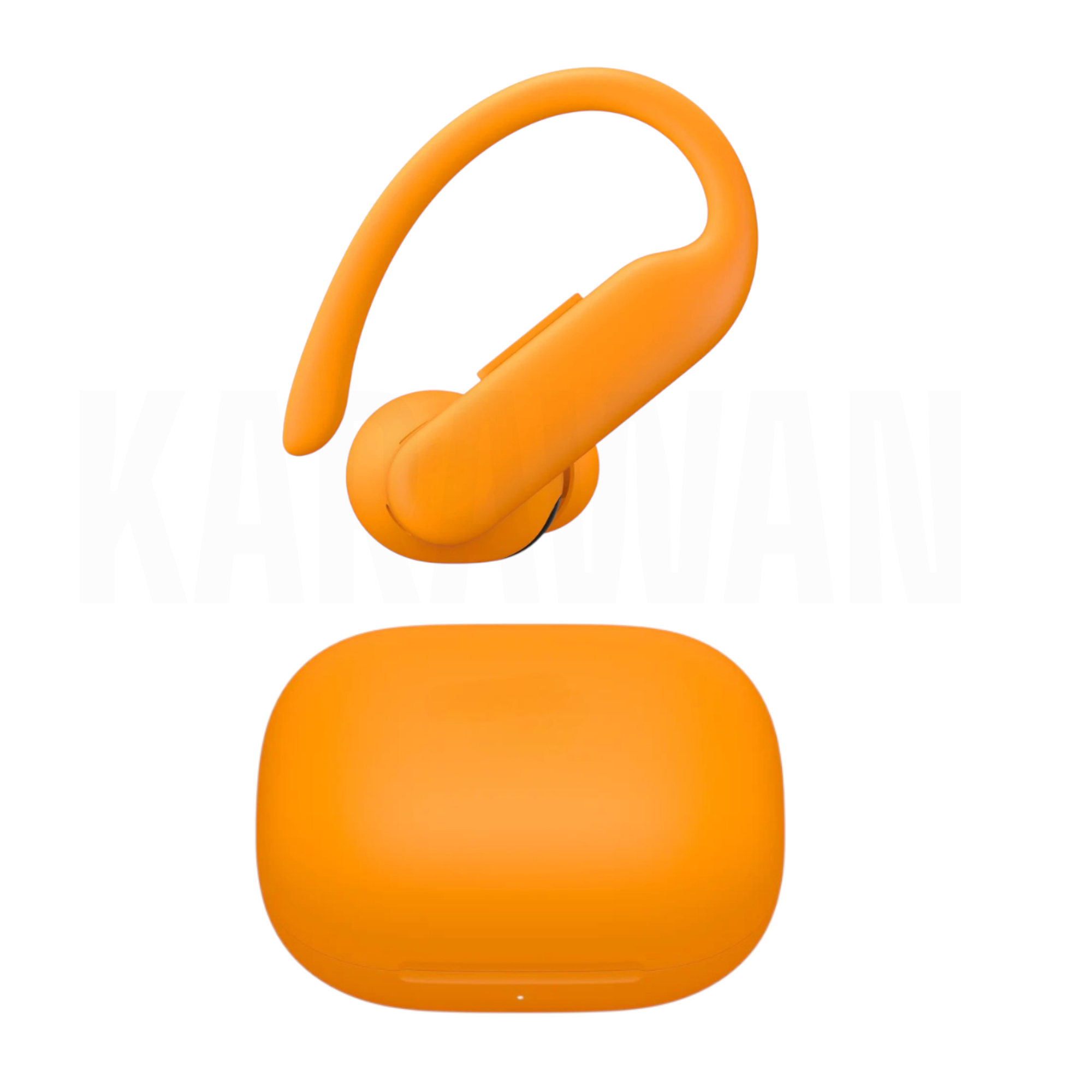 Un audífono naranja con gancho y su estuche de carga a juego.