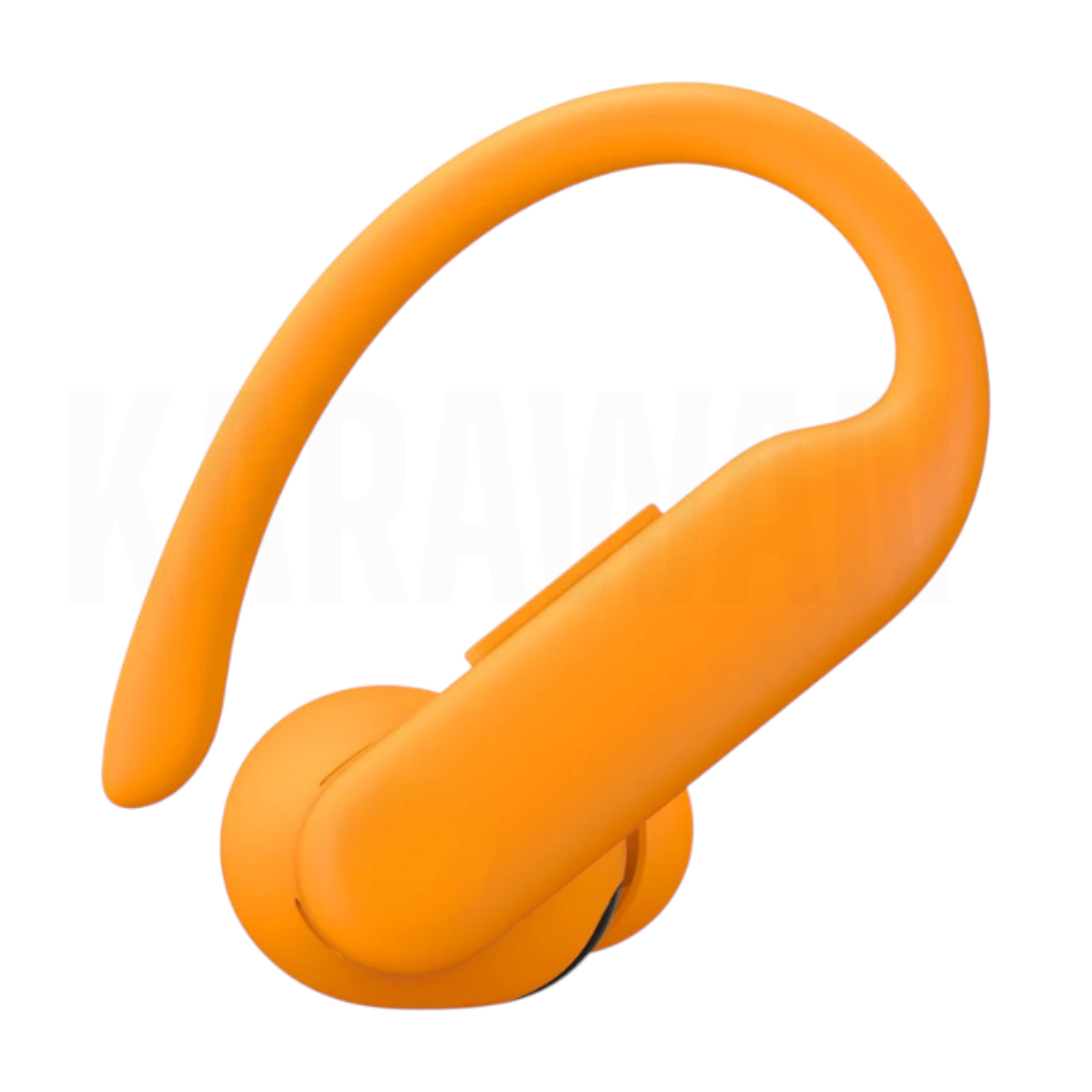 Un audífono naranja con gancho para la oreja que pasa por encima de ella.