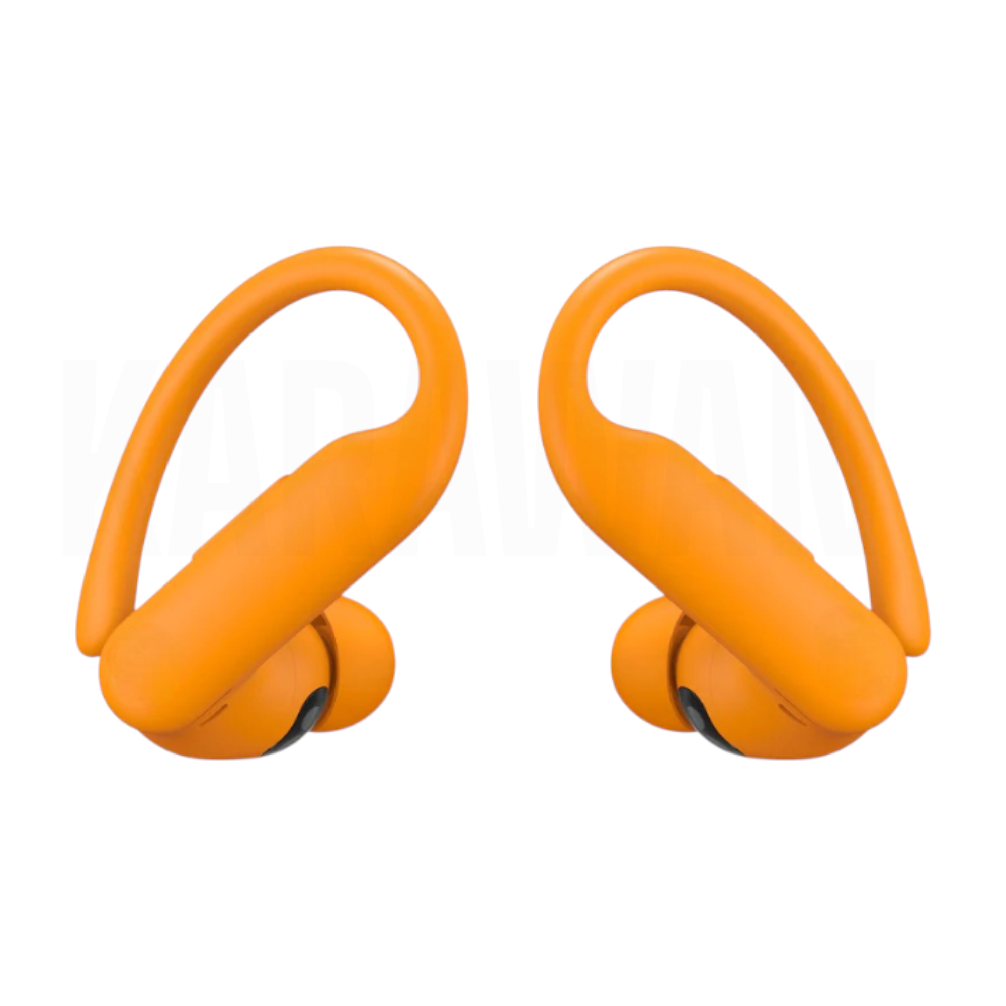 Dos auriculares naranjas con ganchos para la oreja sobre fondo blanco.