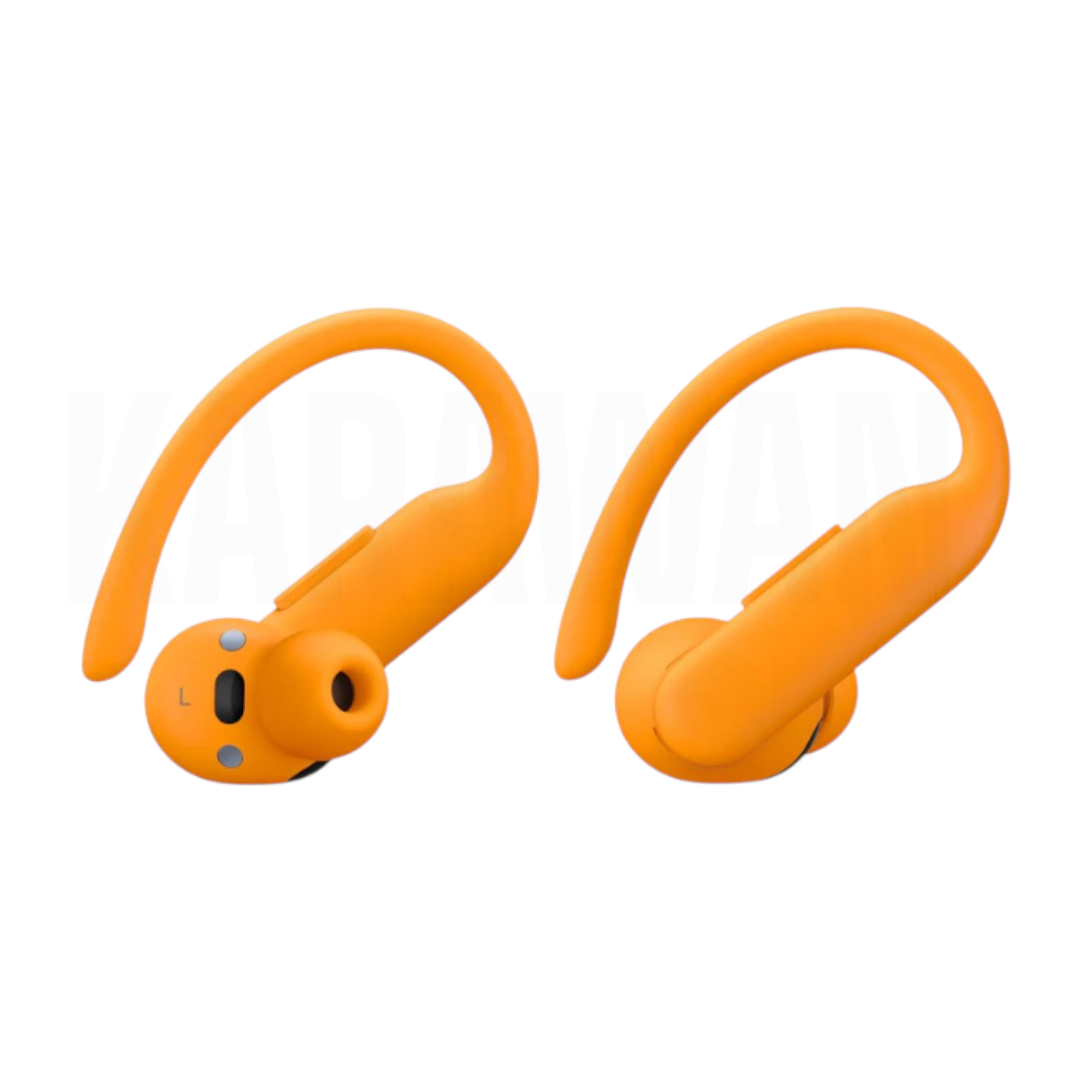 Dos auriculares naranjas con ganchos para la oreja sobre fondo blanco.